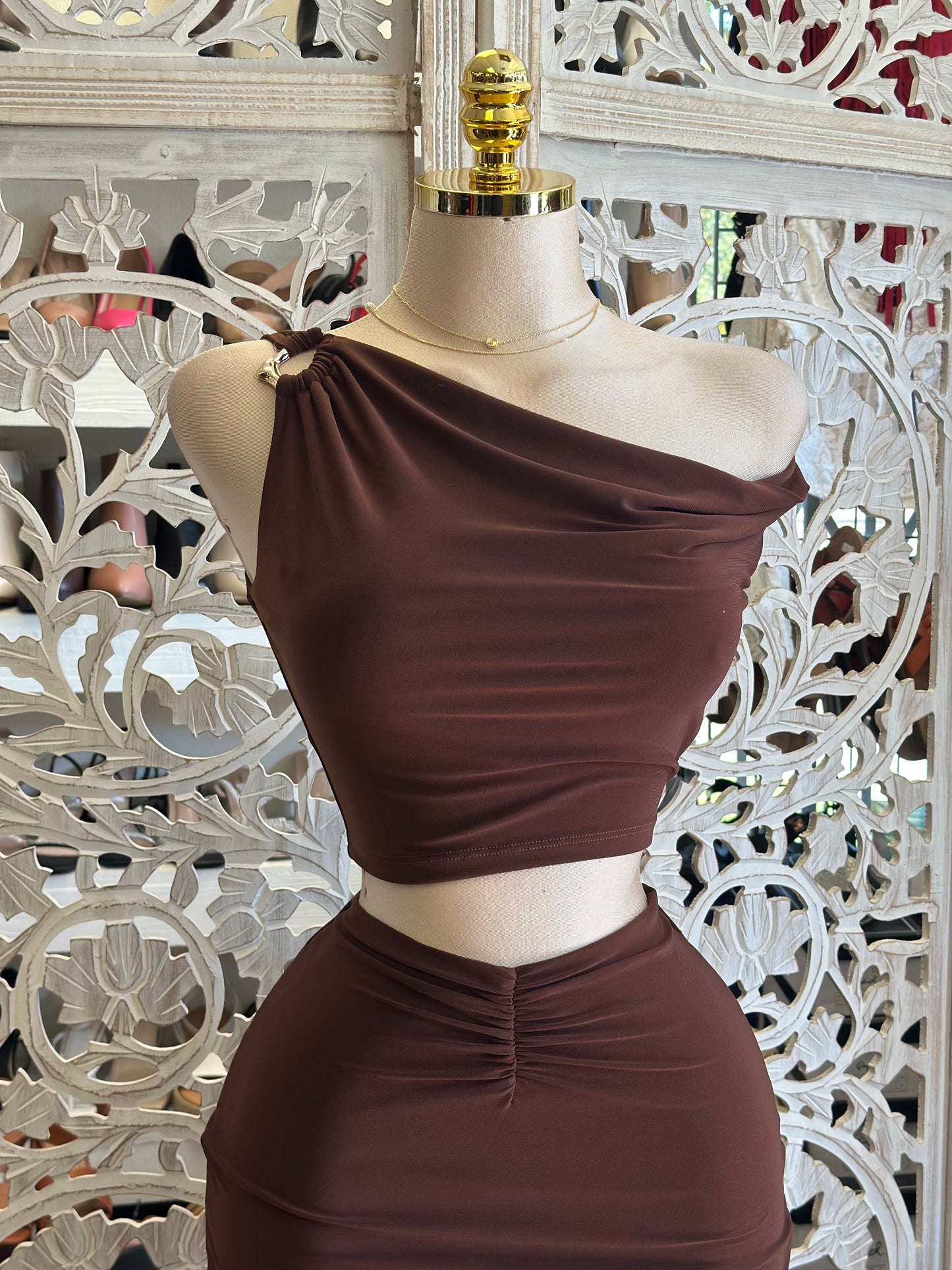 Brown Ruched Asymmetrical Set- Estira,Stretchy