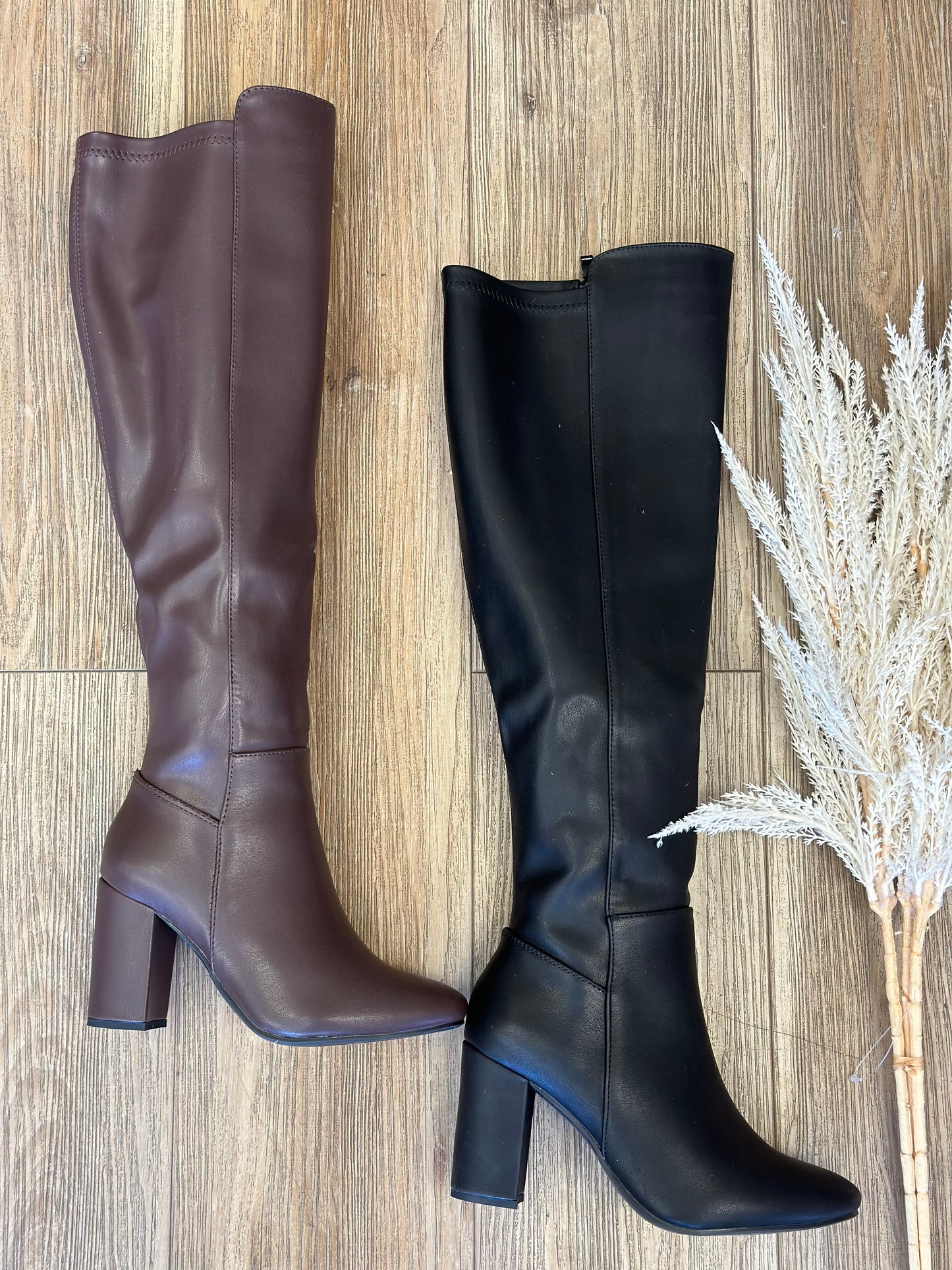 Faux Leather Knee Length Pointed Boots