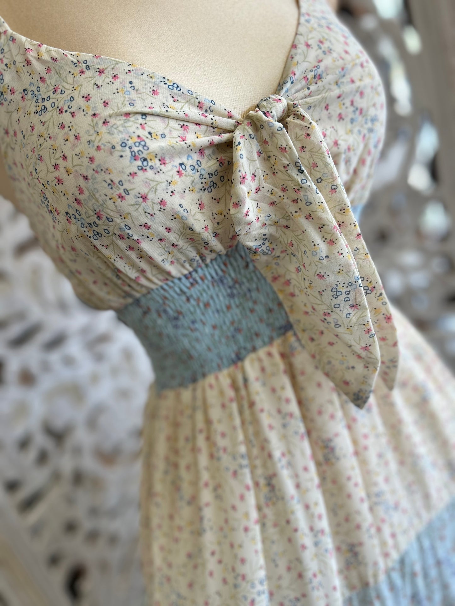 Bow Light Blue Multi Color Floral Maxi Dress- Not Stretchy