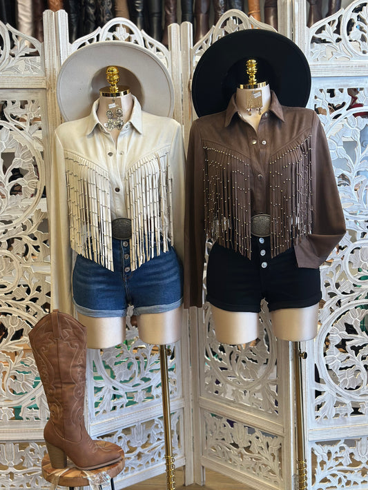 Suede Fringe Beaded Button Up Blouse- Estira, Stretchy