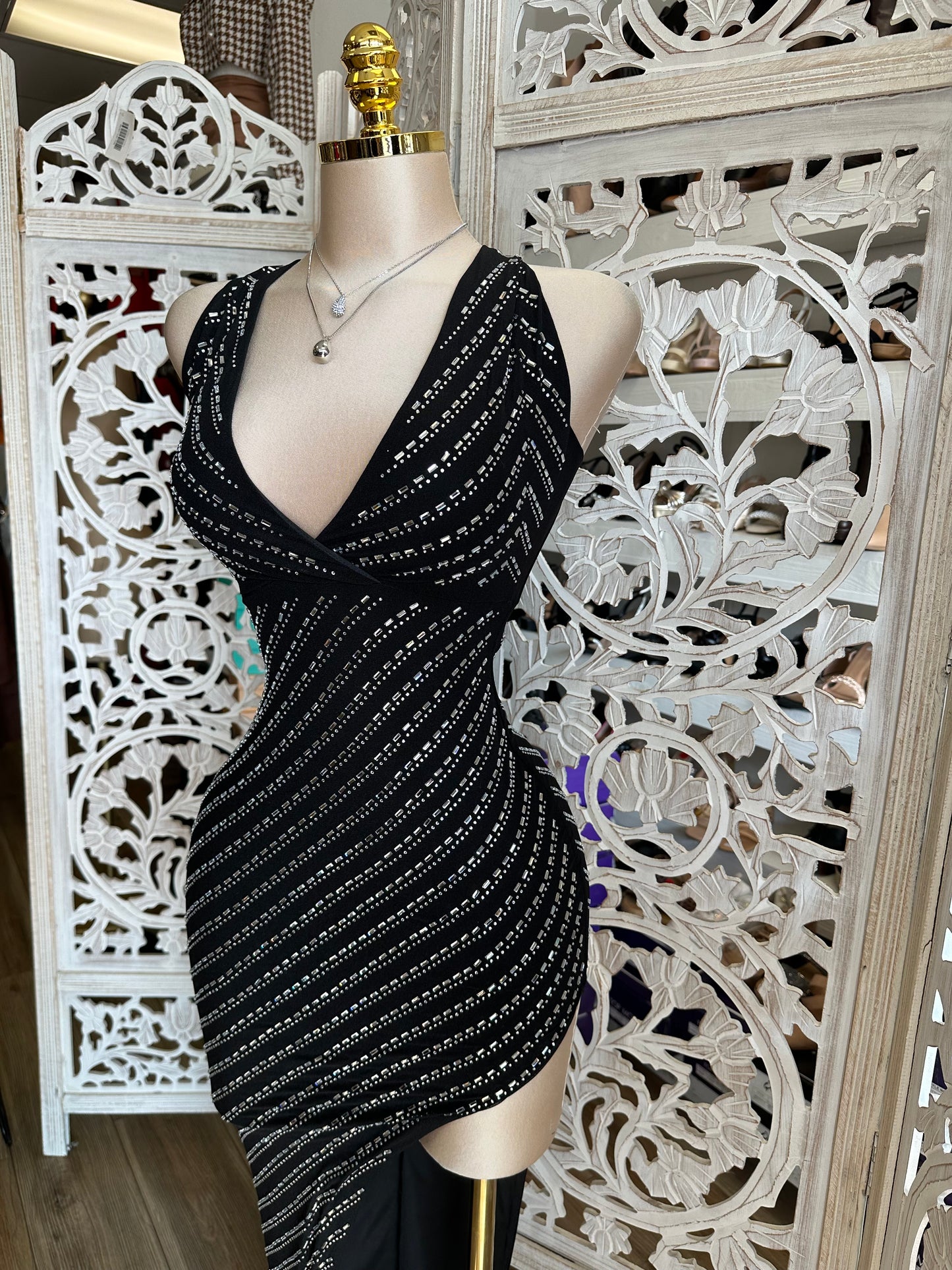 High Slit Deep V Rhinestone Dress- Stretchy,Estira