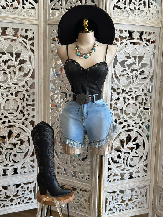 Denim Rhinestone Fringe Mini Shorts-Estira, Stretchy