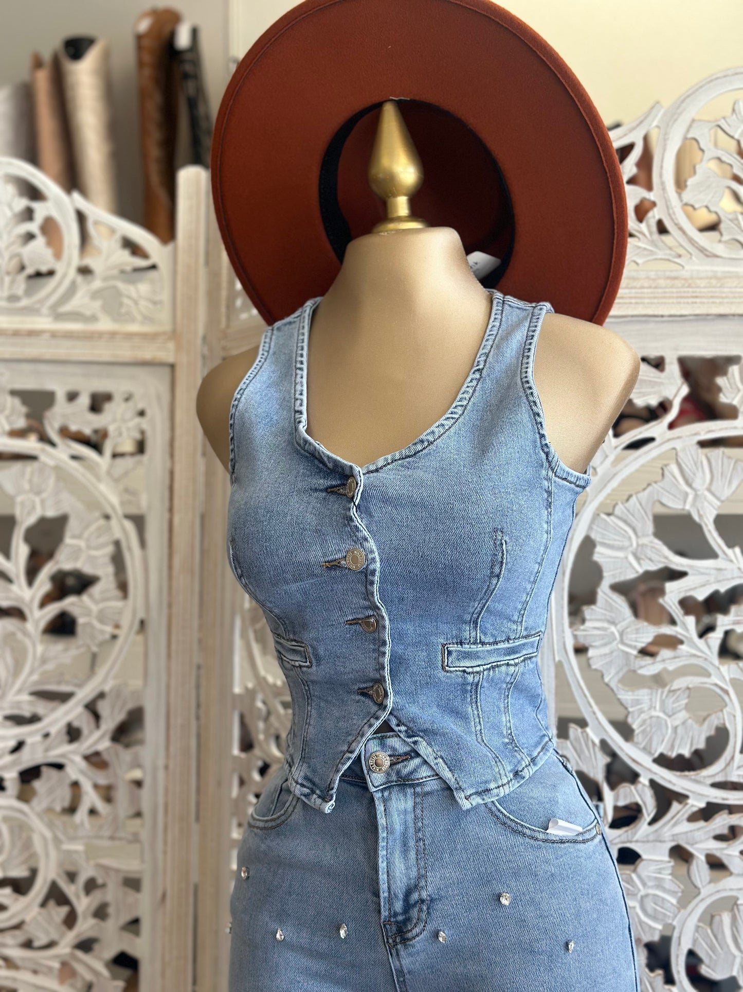 Denim Vest Button Top- Slightly Stretchy