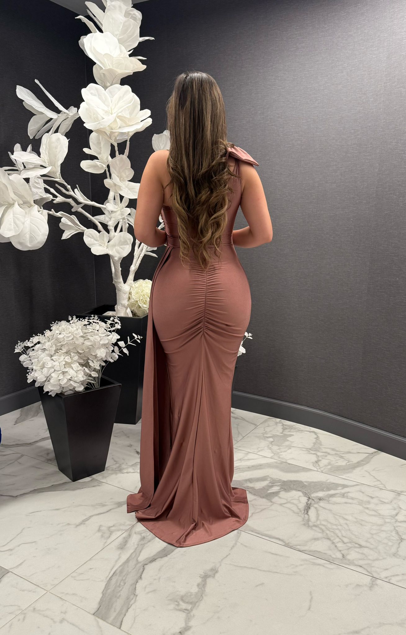 Bow One Sleeve Gown-Estira, Stretchy