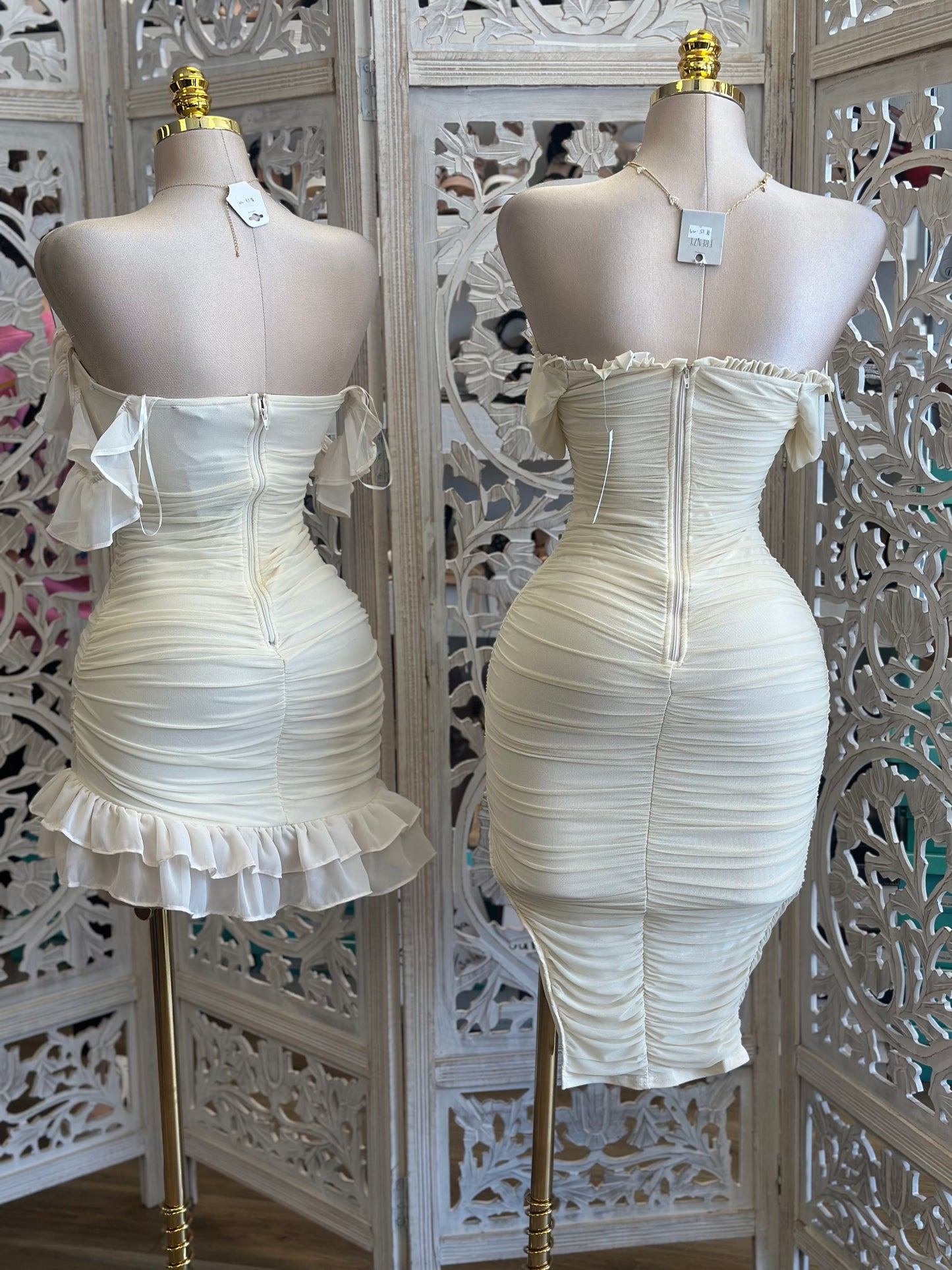 Ivory Off Shoulder Midi Dress- Stretchy, Estira