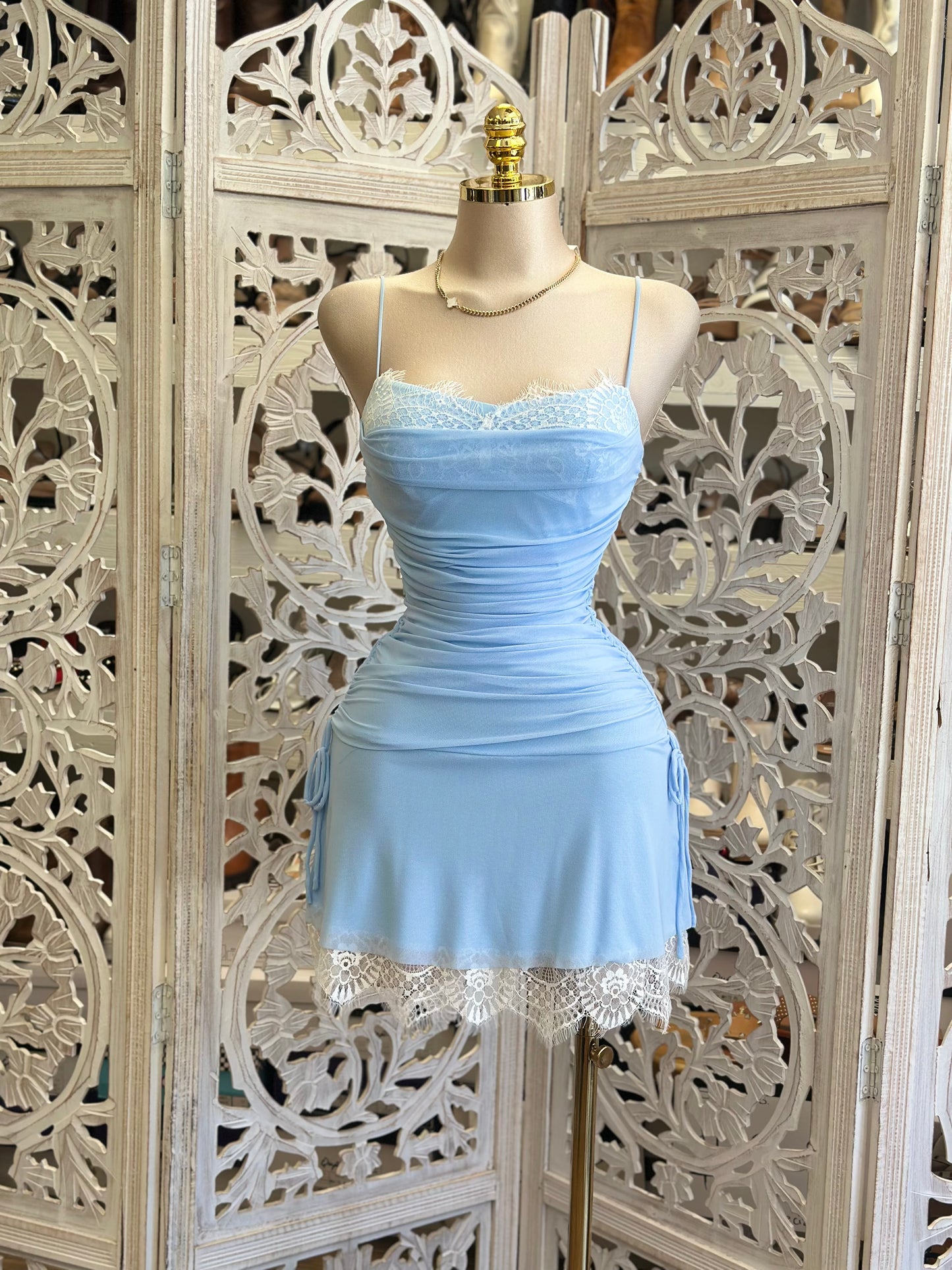 Mesh Blue Lace Mini Dress- Estira, Stretchy