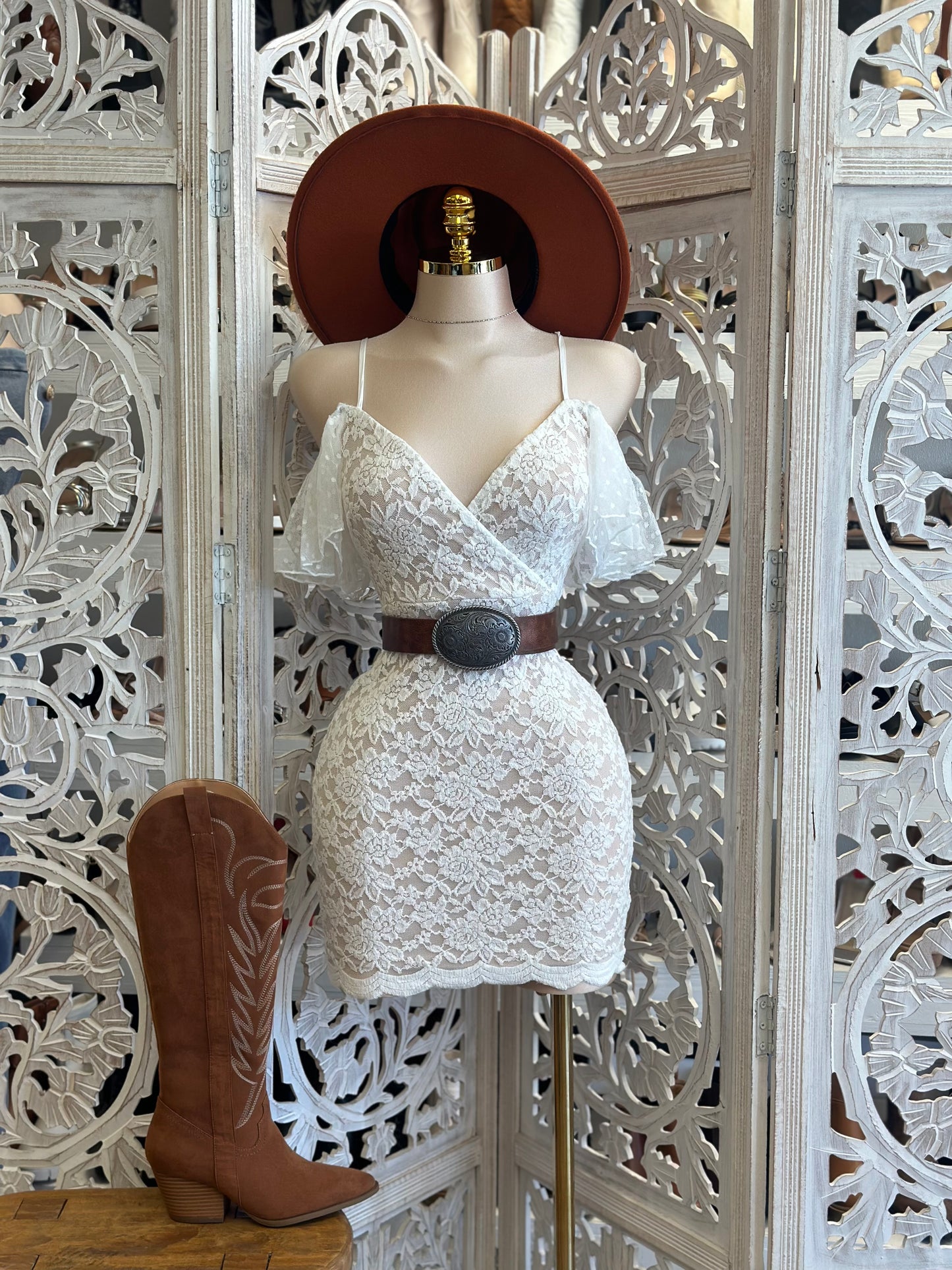 Cross Front Lace Mini Dress- Stretchy, Estira
