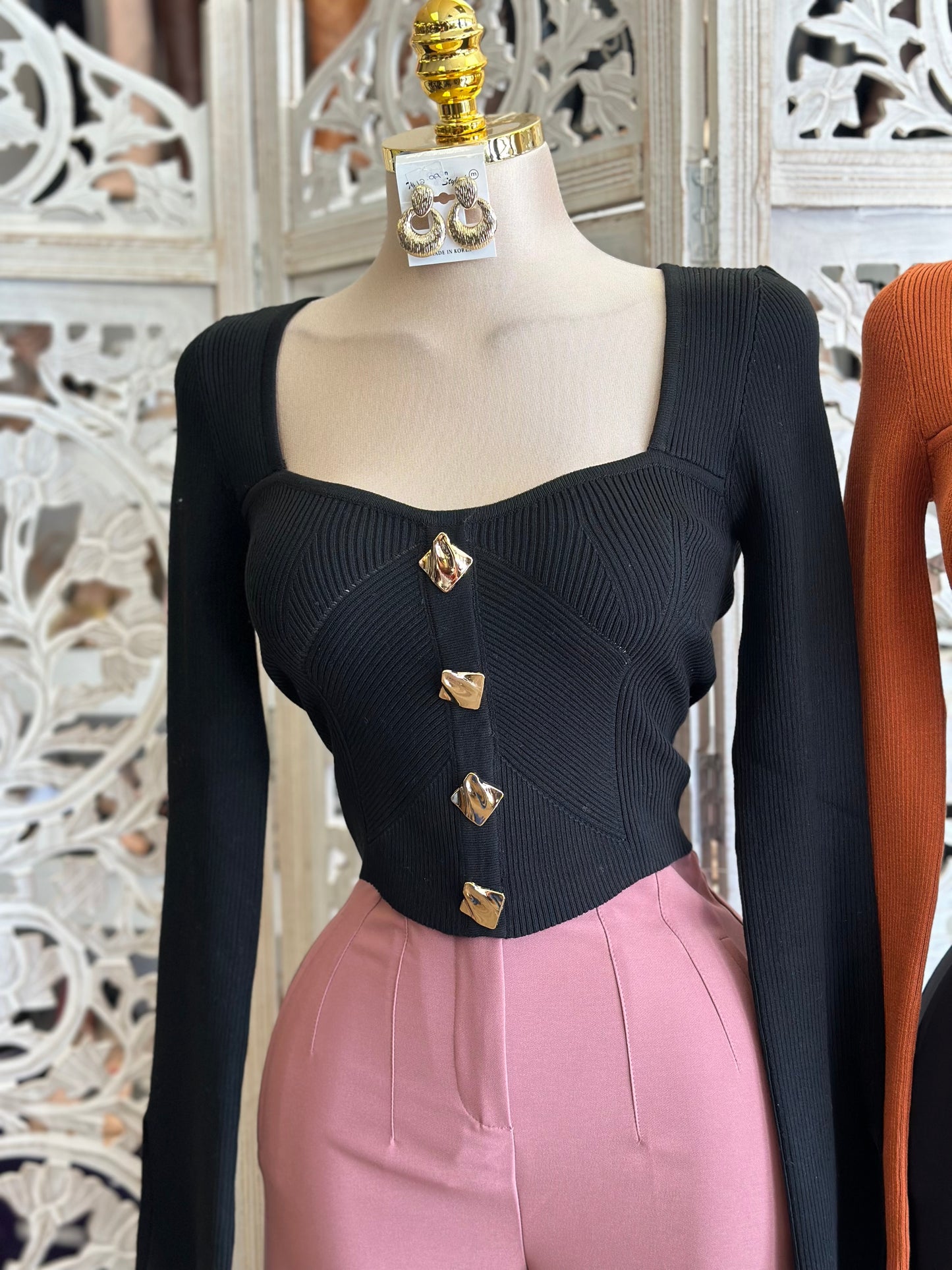 Ribbed Asymmetrical Gold Button Top- Stretchy,Estira