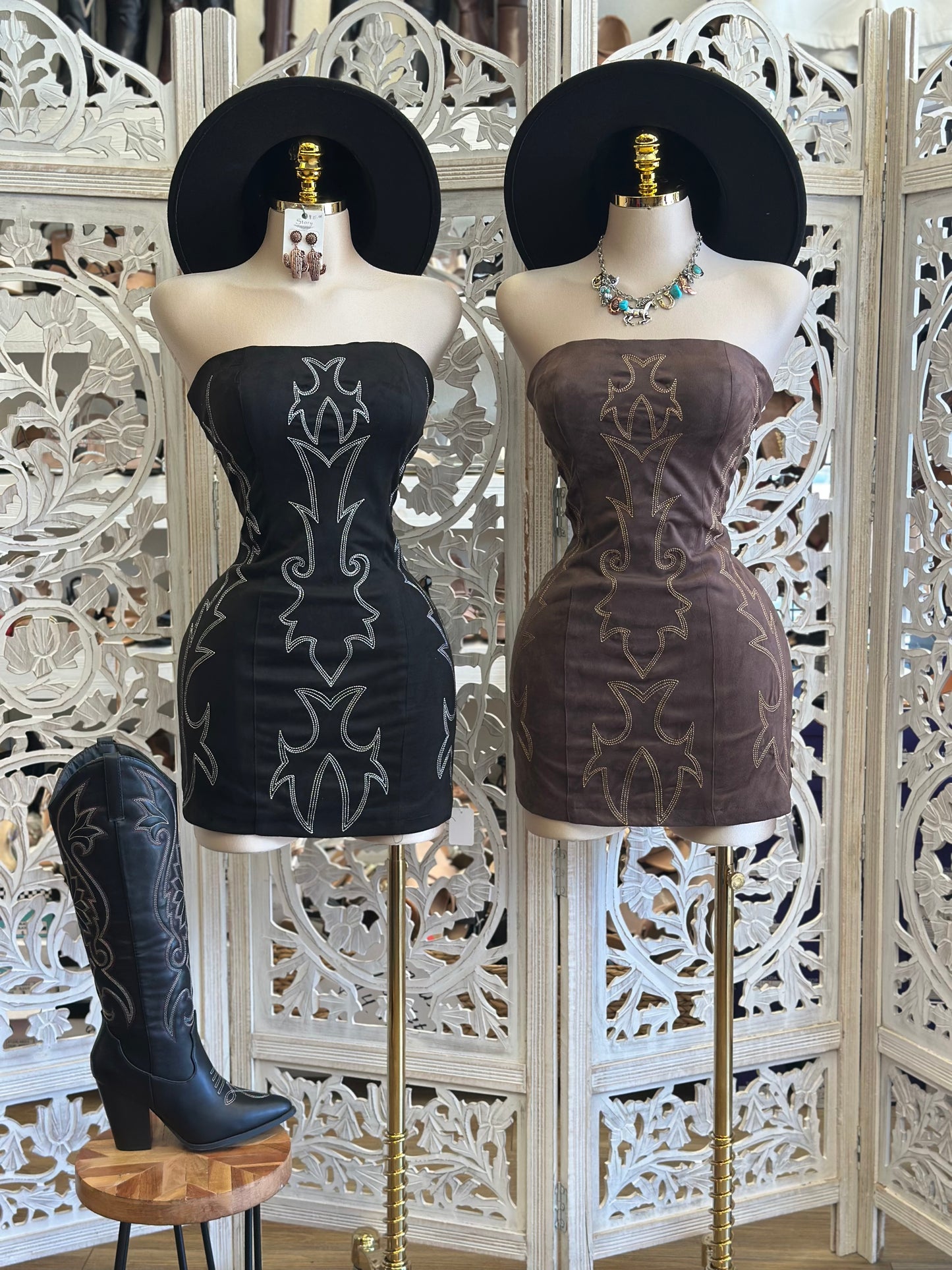 Strapless Western Embroidered Dress- Stretchy