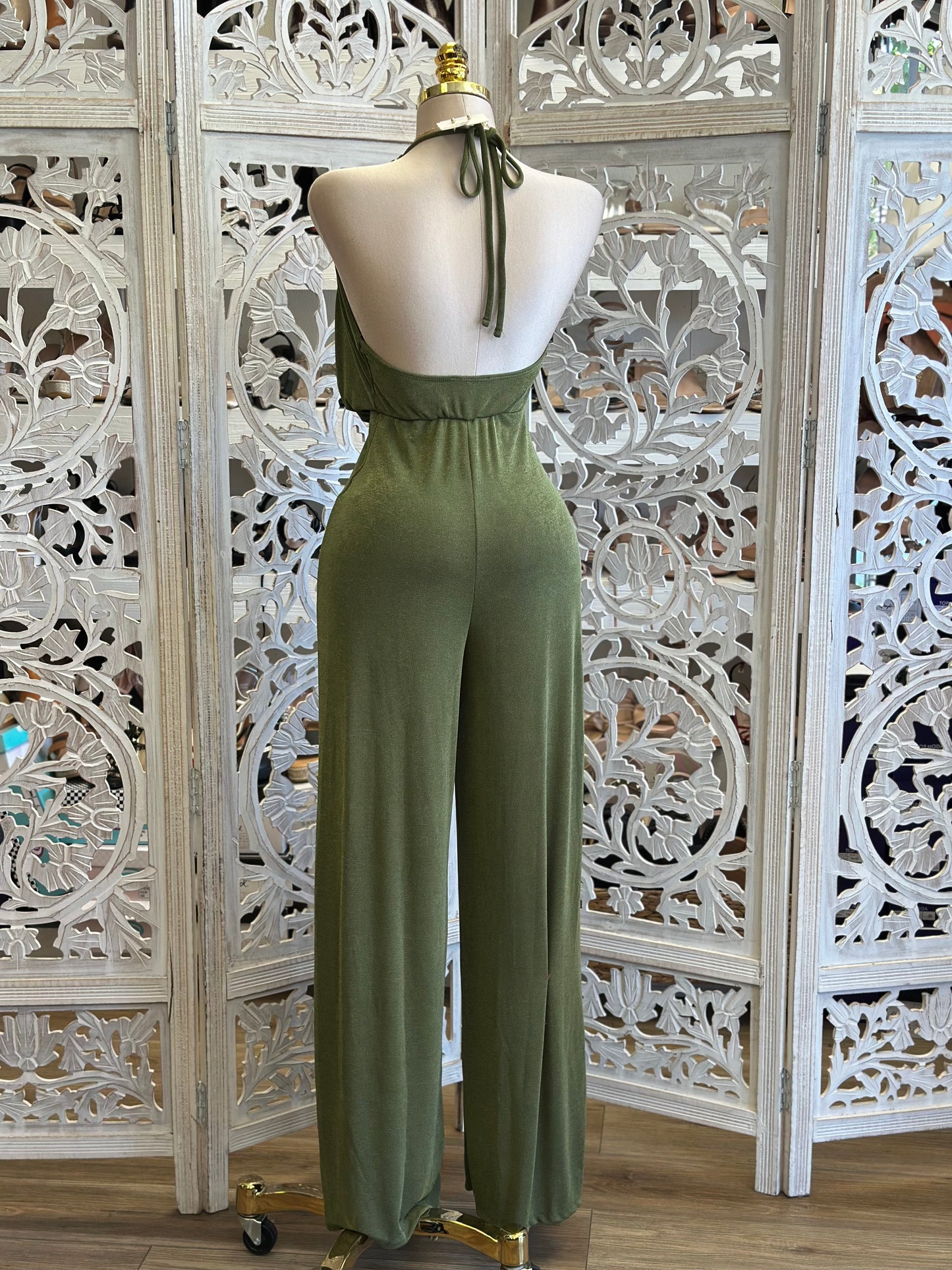 Beaded Olive Green Jumpsuit - Stretchy,Estira