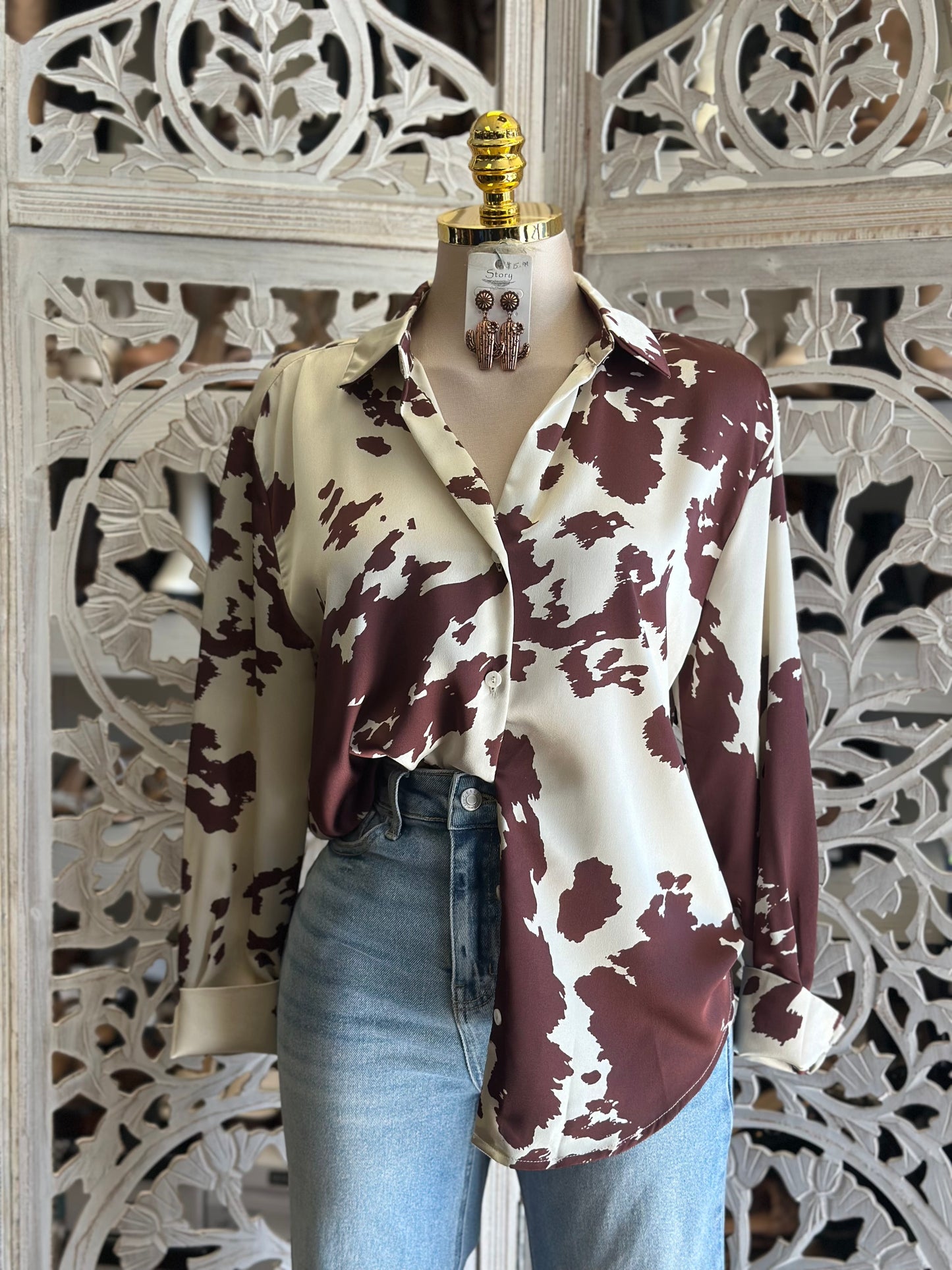 Cow Print Button Blouse- Estira, Stretchy