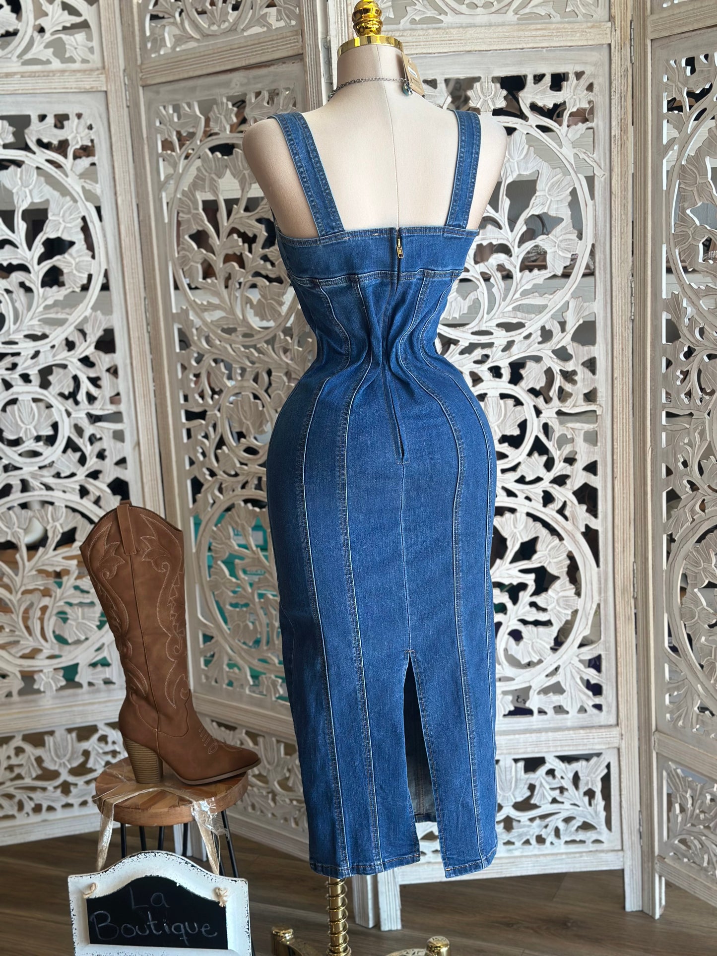 Denim Heartline Midi Dress- Stretchy,Estira