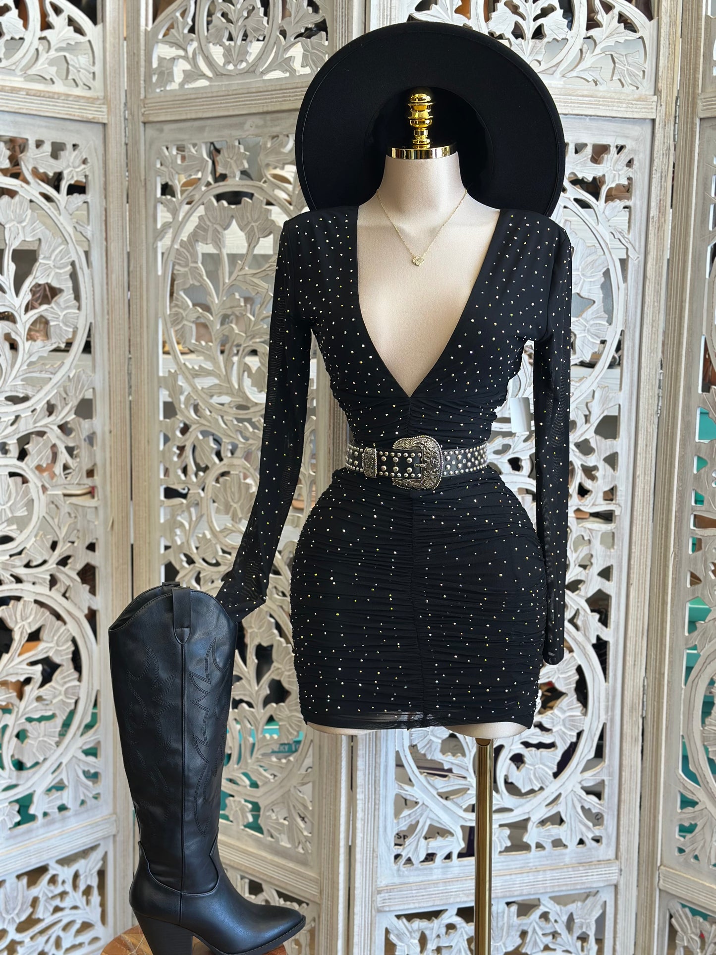 Deep V Rhinestone Bodycon Dress- Stretchy, Estira