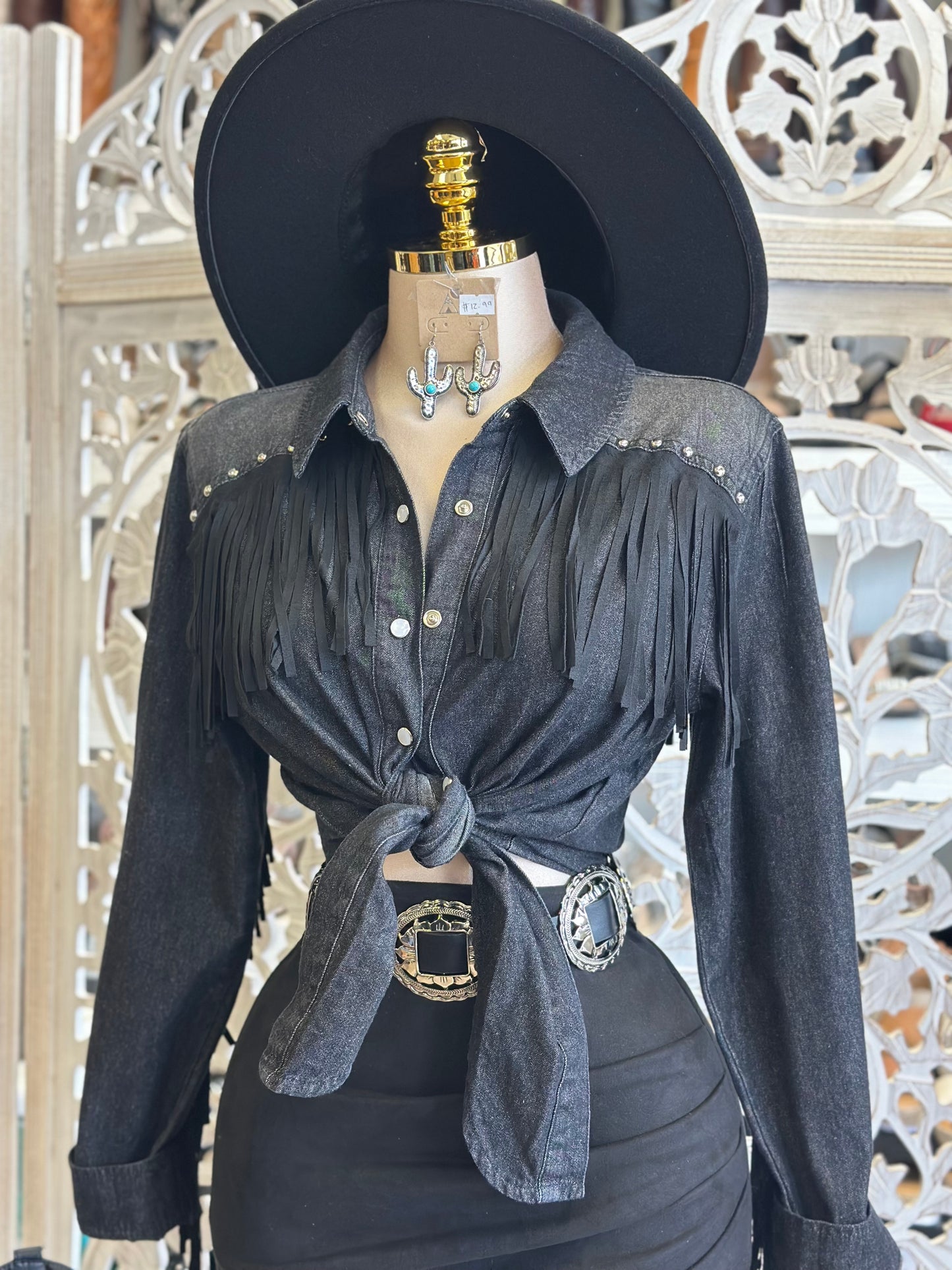 Black Fringe Western Blouse - Estira, Stretchy