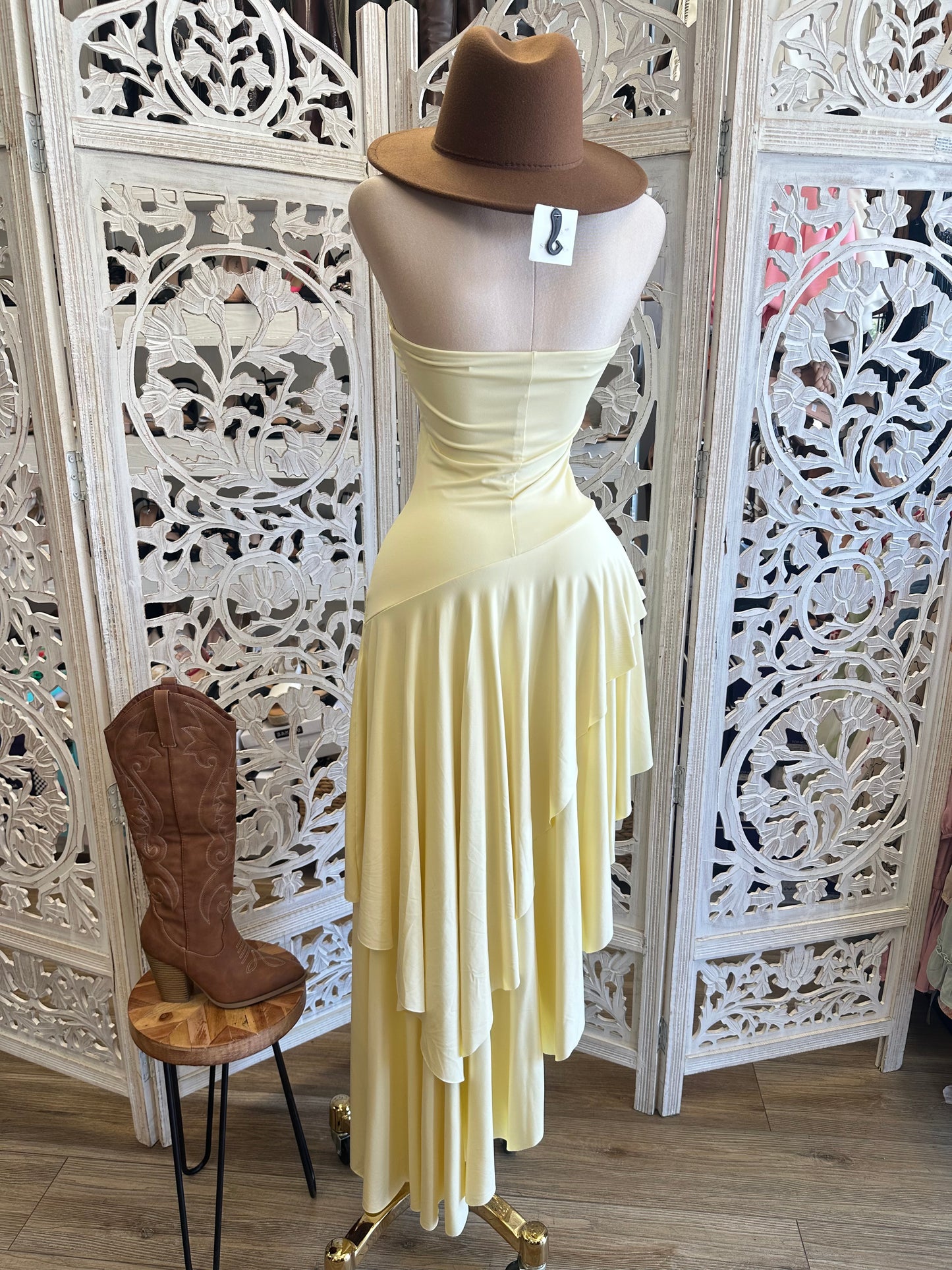 Strapless Butter Yellow Ruffle Dress- Stretchy, Estira