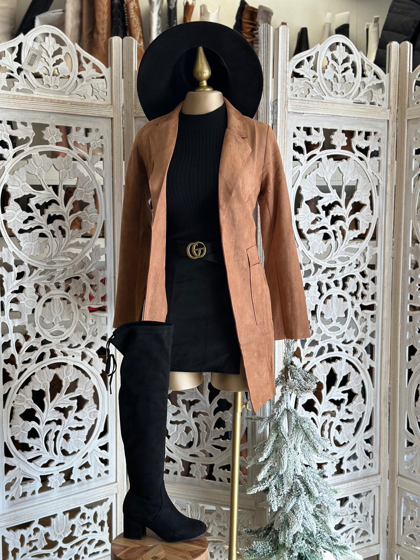 Brown Suede Blazer Coat with Side Pockets