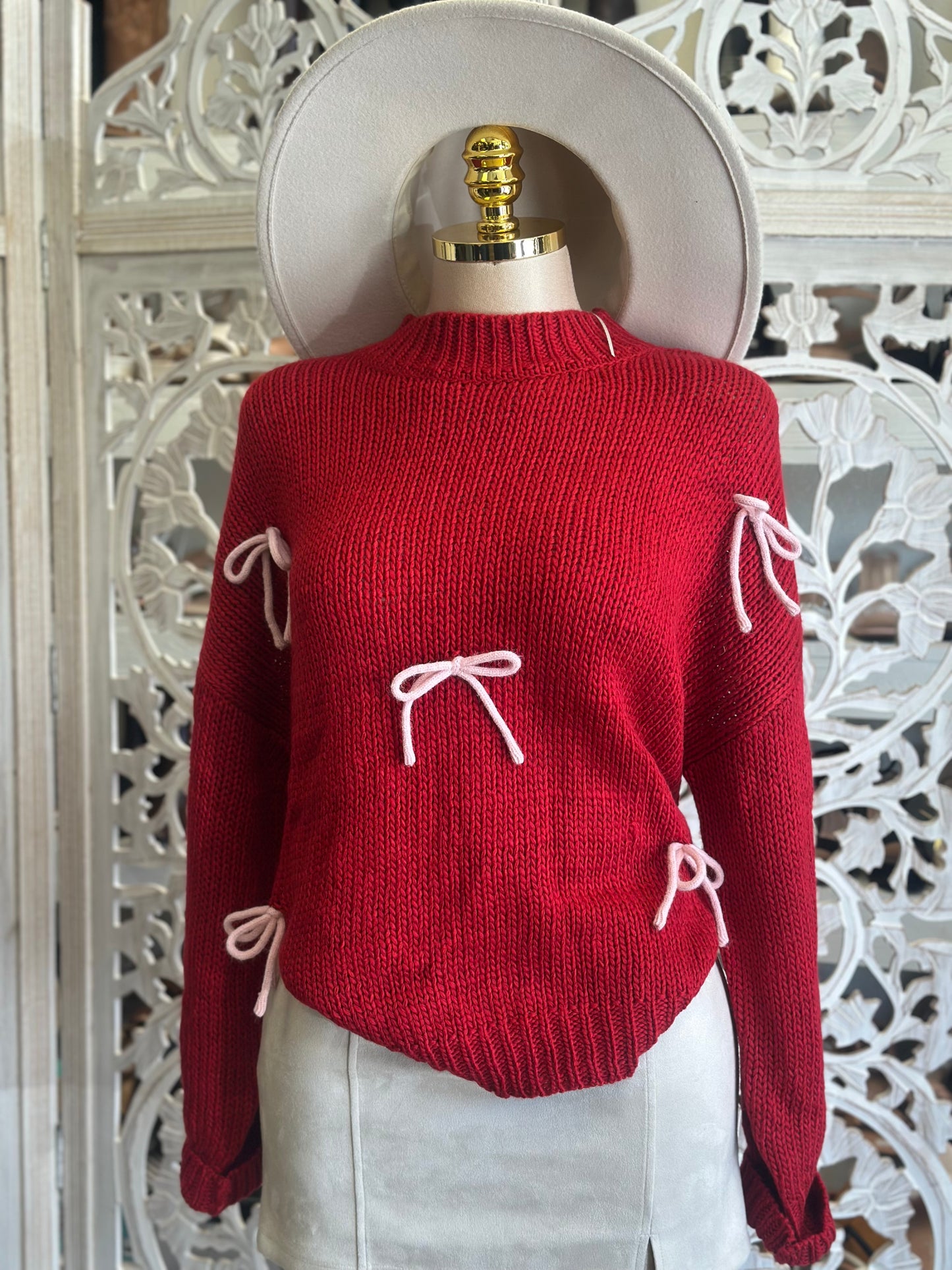 Bright Red Ribbon Detail Knit Sweater