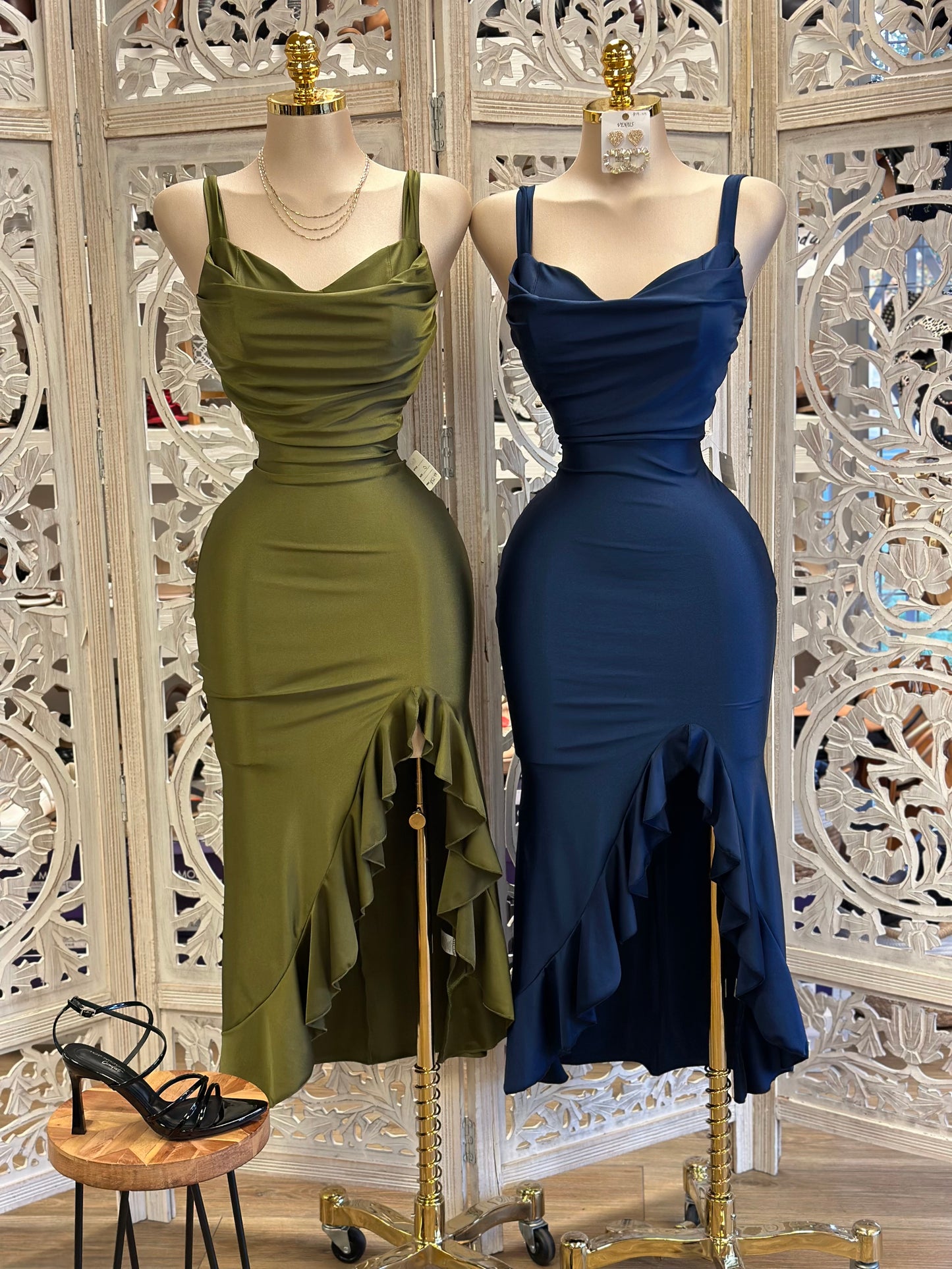 Thick Strap Heart Line Ruffle Dress - Estira, Stretchy