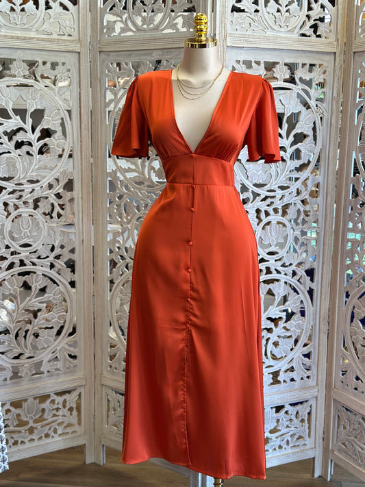 Burnt Orange Deep V Maxi Dress- Not Stretchy , No Estira