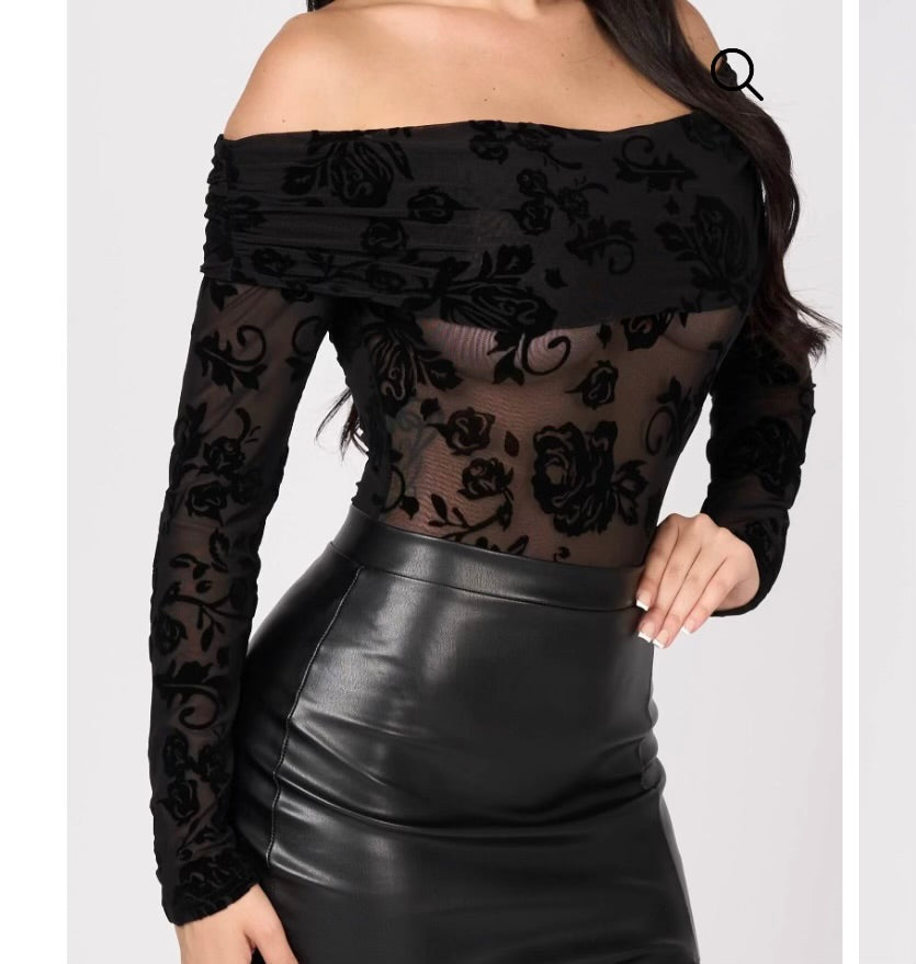 Mesh Floral Off Shoulder Bodysuit- Estira, Stretchy