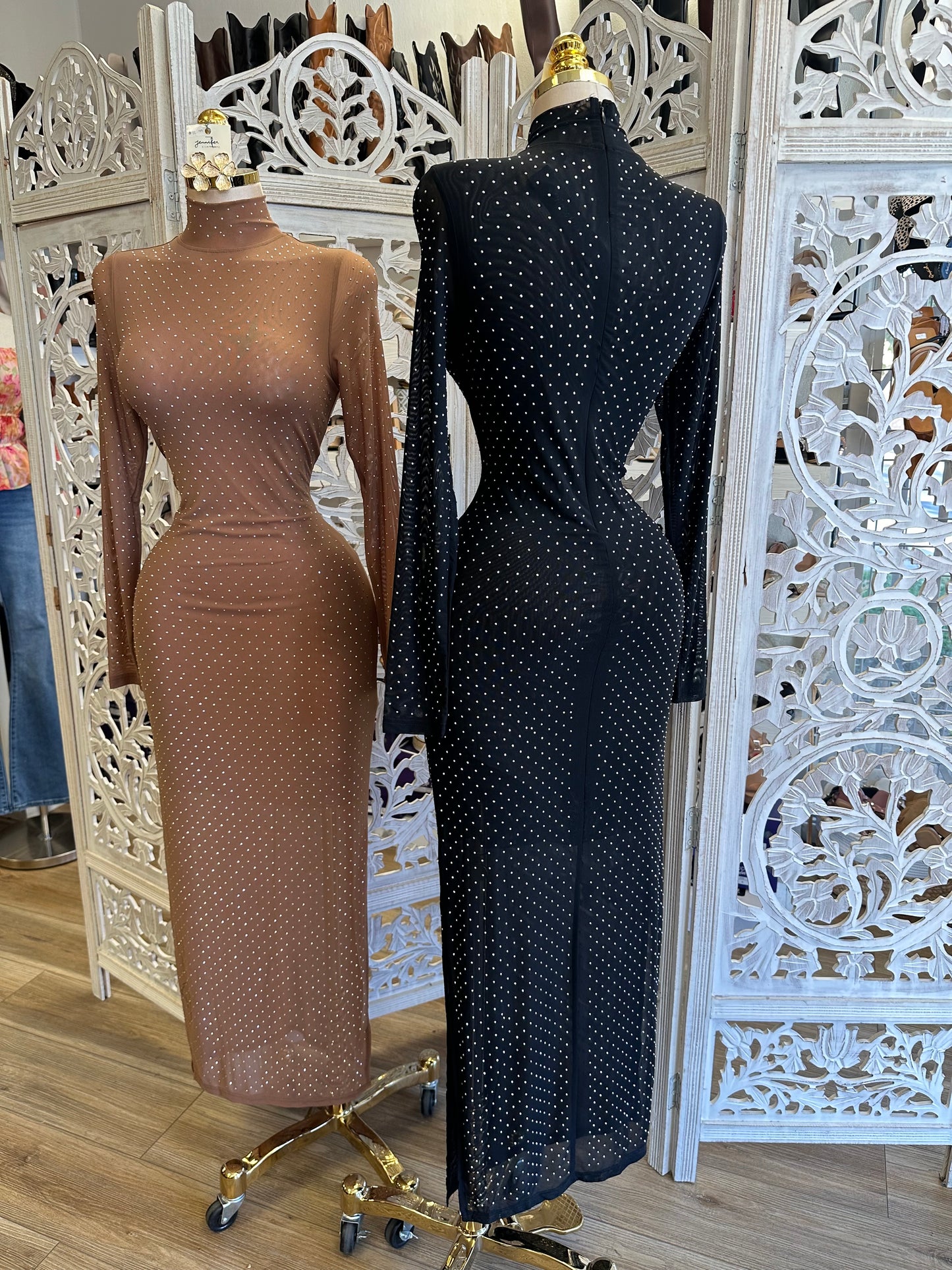 Rhinestone Mock Neck Maxi Dress- Estira, Stretchy