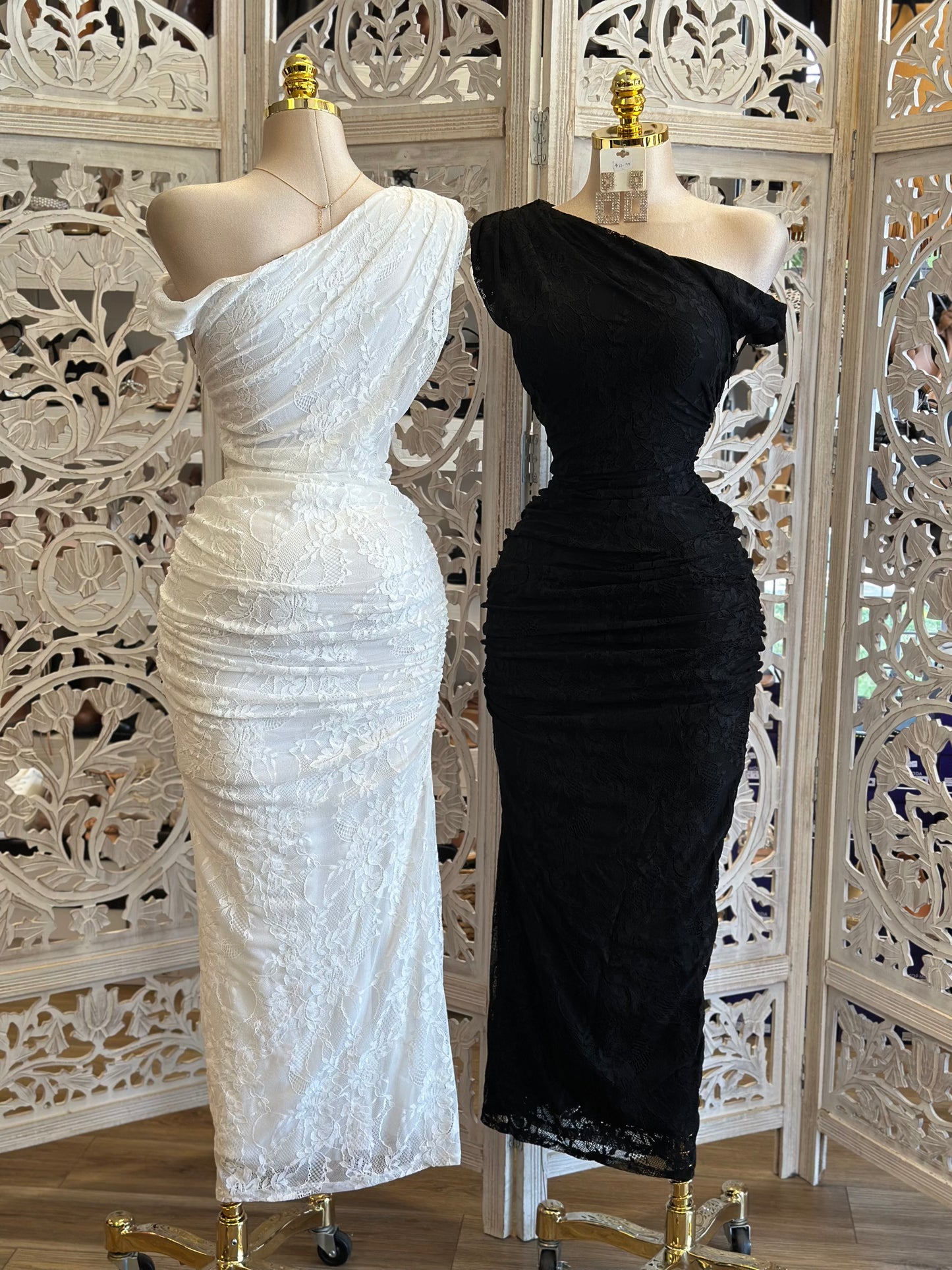 Lace Assymetrical Midi Dress-Estira , Stretchy