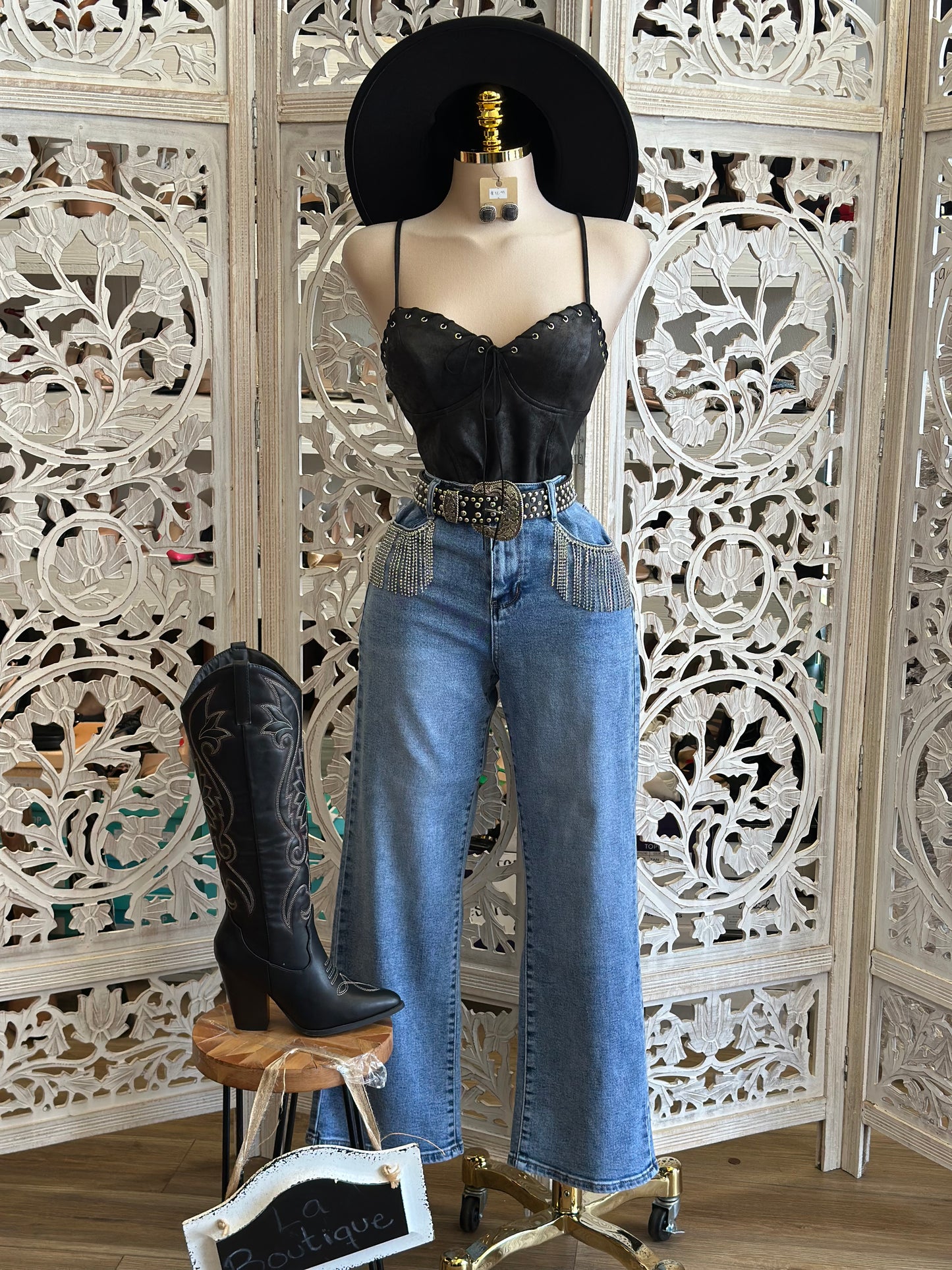 Rhinestone Fringe Denim Wide Jeans - Stretchy, Estira