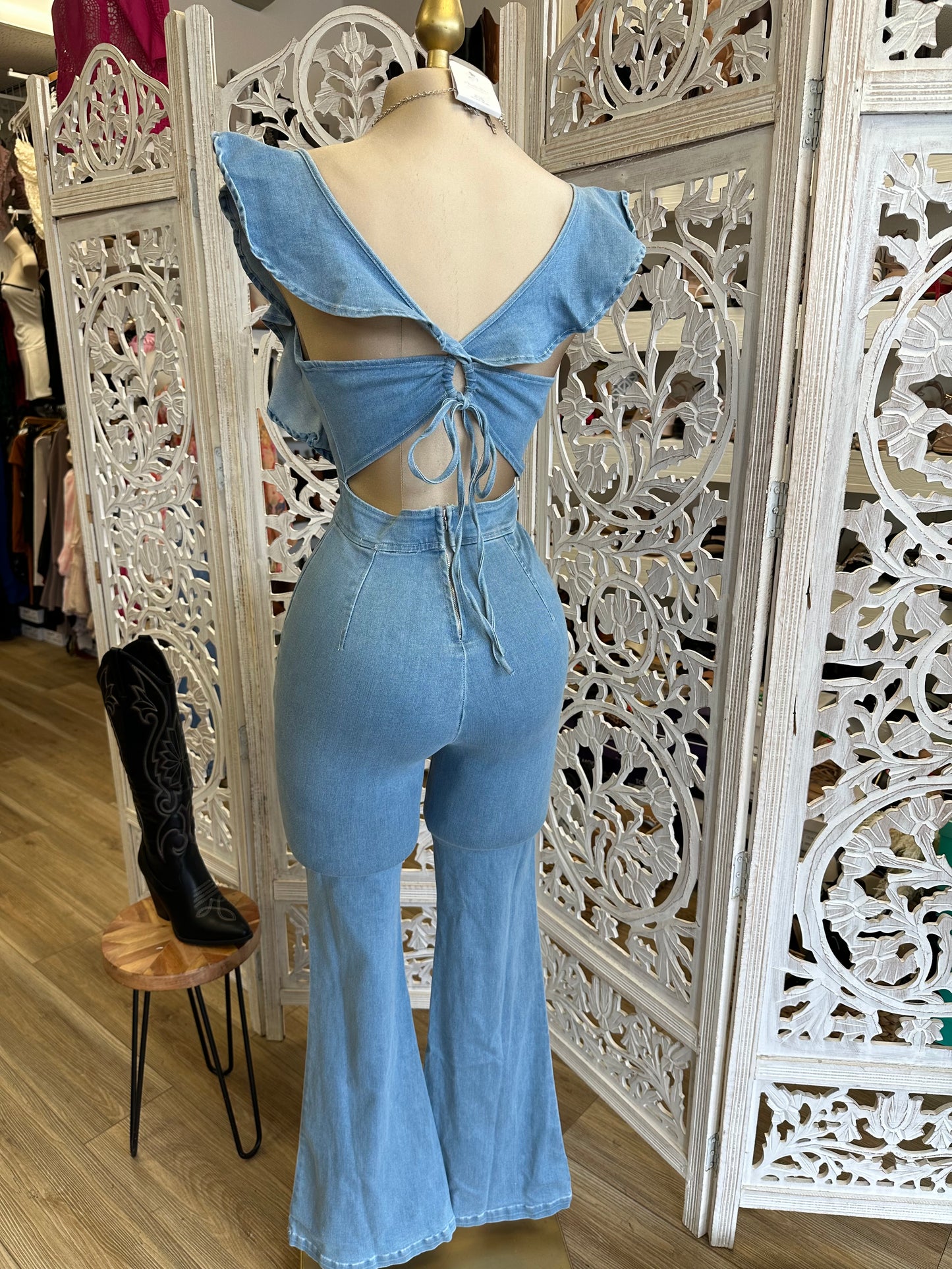 Ruffle Sleeve Light Denim Jumpsuit- Stretchy, Estira