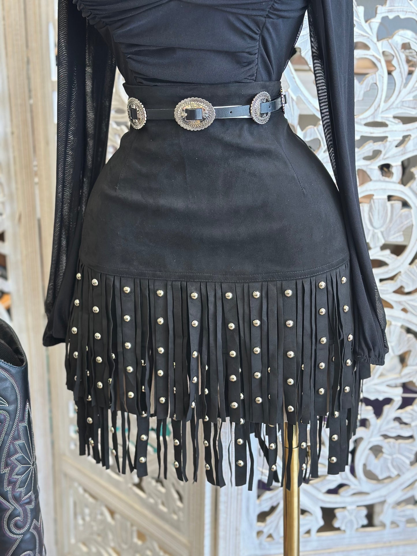 Gold Stone Suede Fringe Mini Skirt-Estira, Stretchy