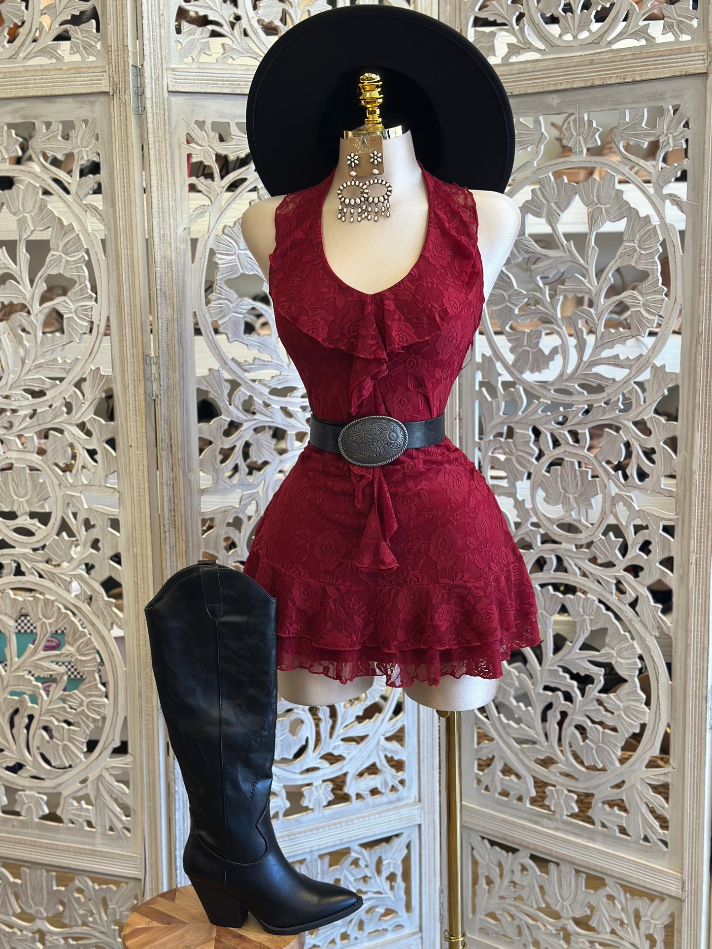 Deep Red Delicate Lace Mini Dress- Estira, Stretchy