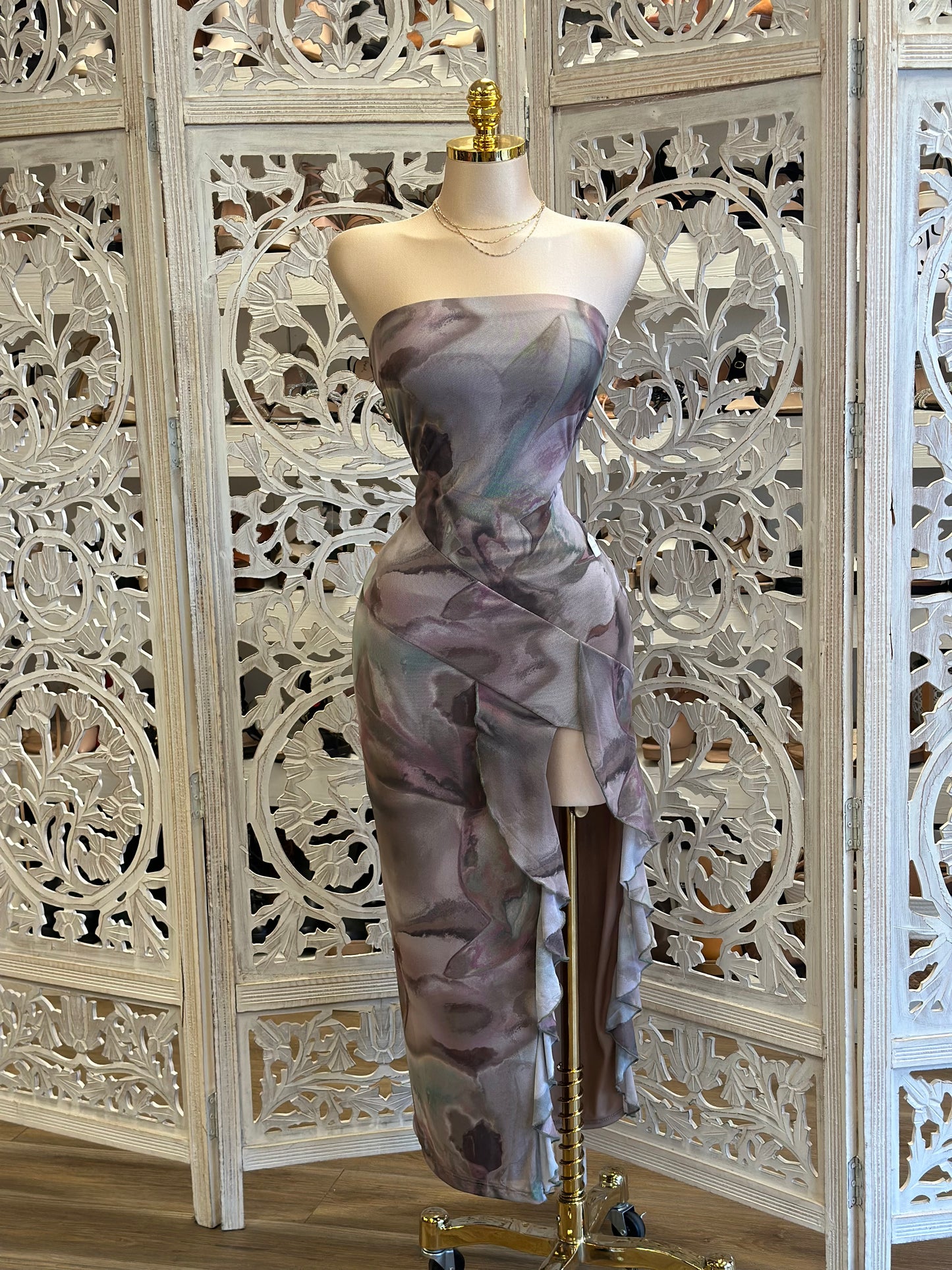 Tie Dye Ruffle Slit Strapless Dress - Estira, Stretchy