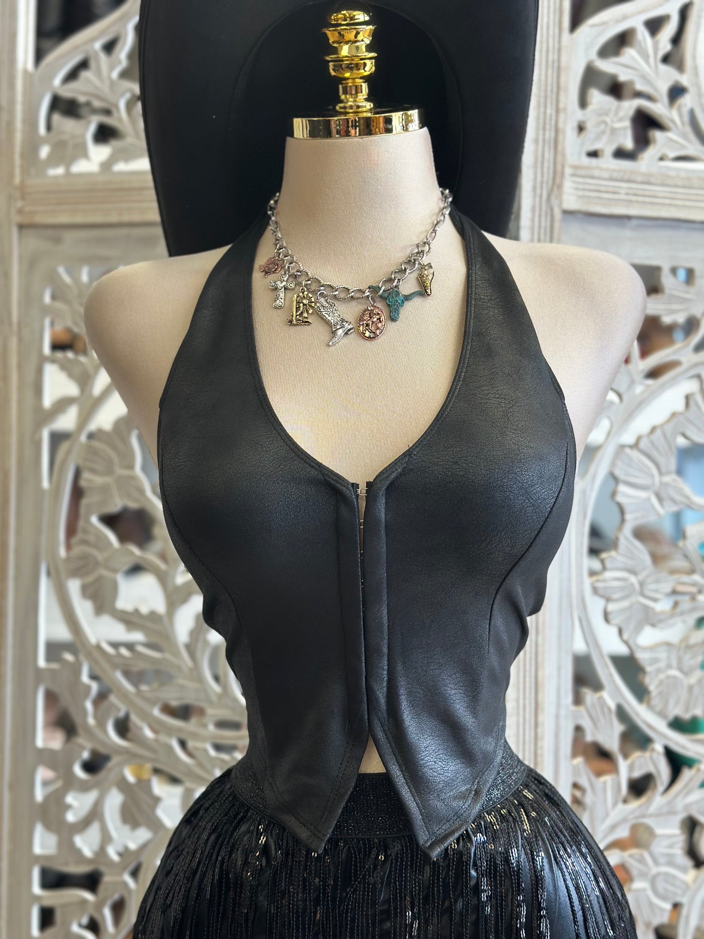 Black Faux Leather Open Back Top- Estira, Stretchy