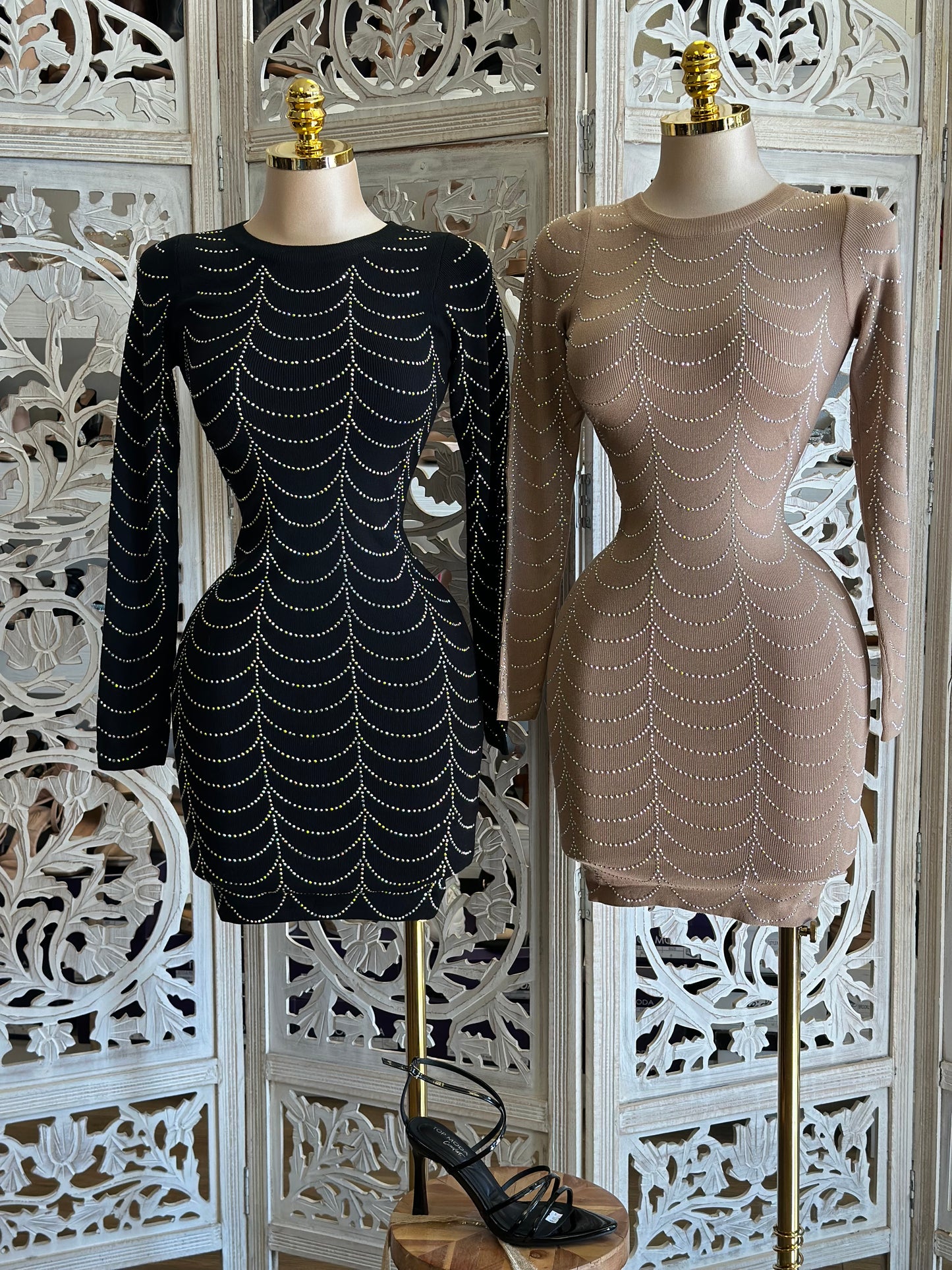 Rhinestone Pattern Ribbed Mini Dress- Stretchy,Estira