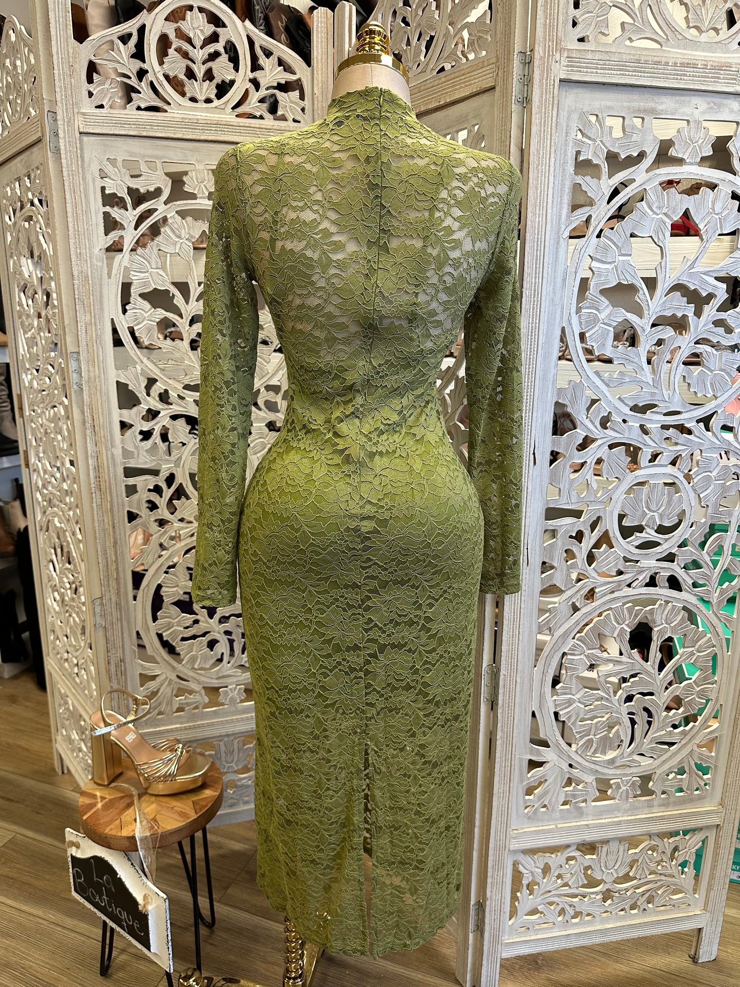 Pistachio Green Lace Midi Dress- Stretchy,Estira