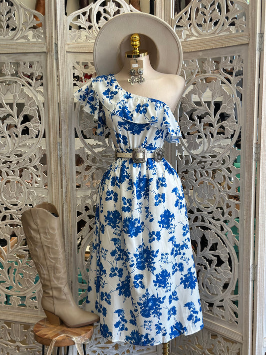 One Sleeve Ruffle Blue Floral Midi Dress-Estira, Stretchy
