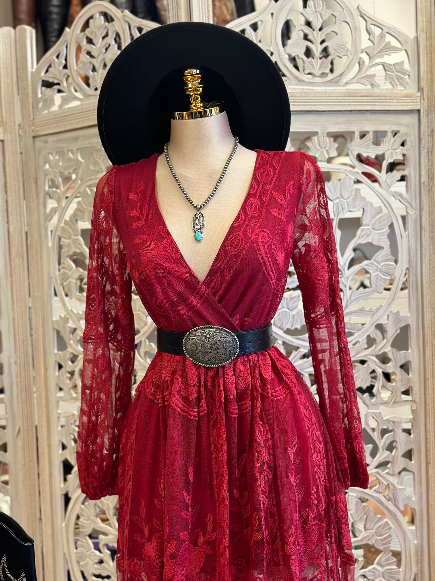 Sheer Embroidered Burgundy Maxi Dress - Estira, Stretchy