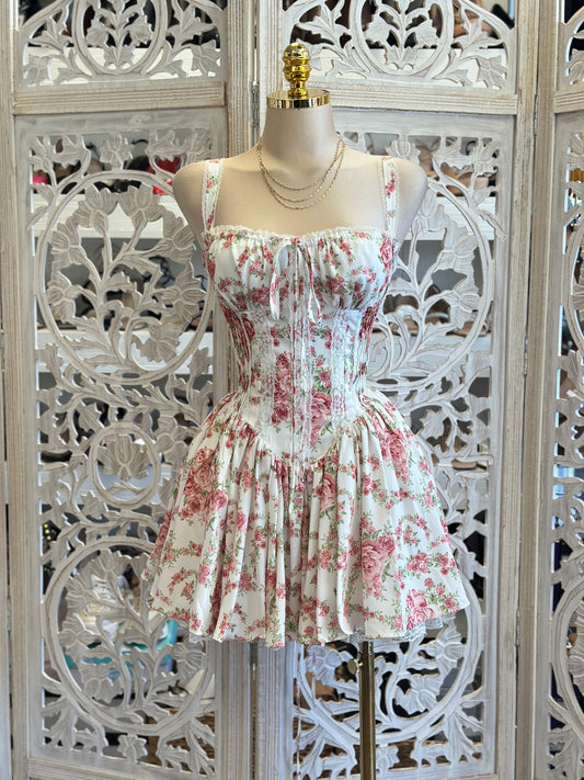 Dainty Corset Floral Lace Mini Dress - No Estira, Not Stretchy