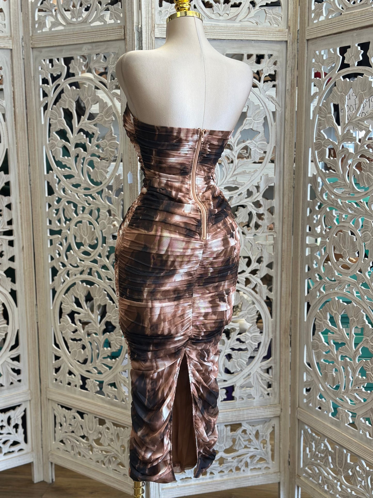 Strapless Brown Multipattern Midi Dress- Stretchy, Estira