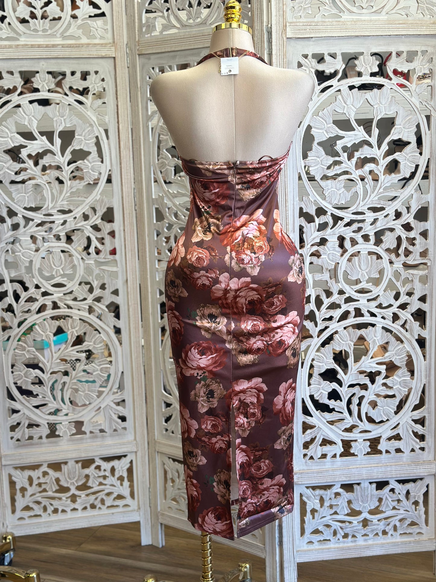 Backless Rose Wine Floral Midi Dress- Stretchy