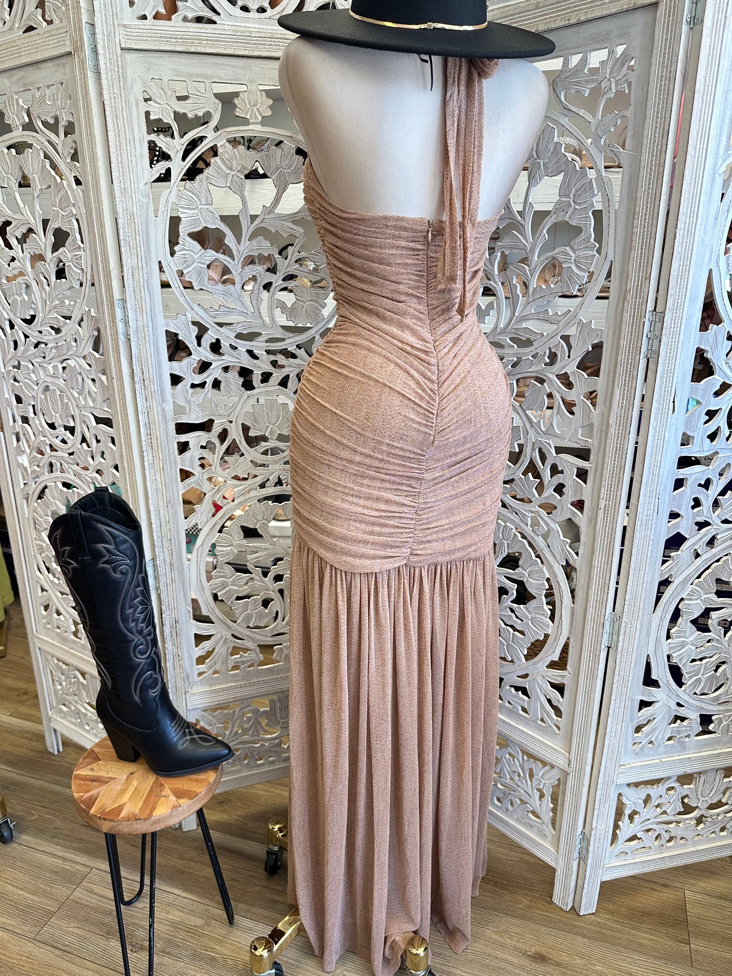 Ruched Tie Back Maxi Dress - Estira, Stretchy