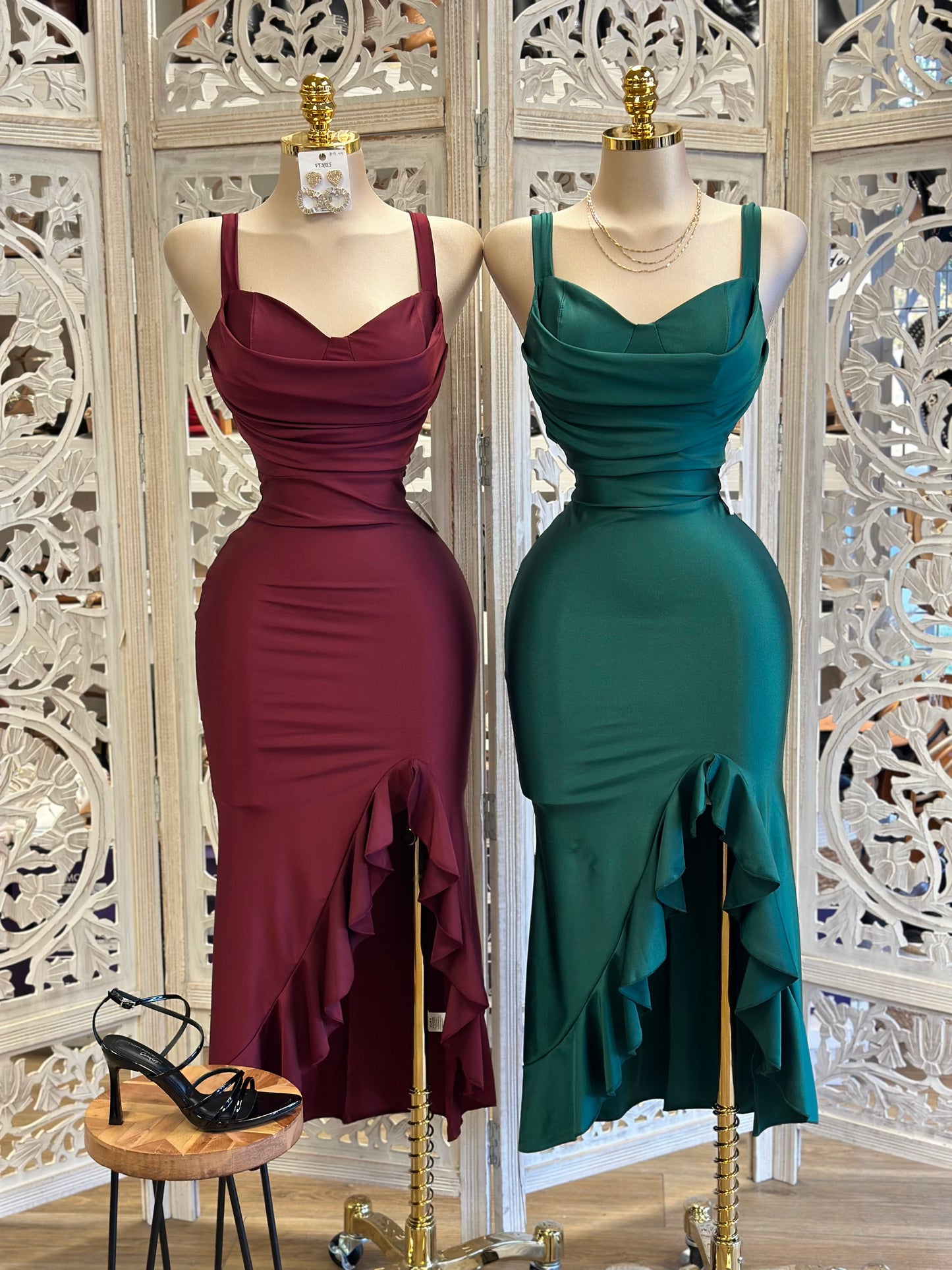 Thick Strap Heart Line Ruffle Dress - Estira, Stretchy