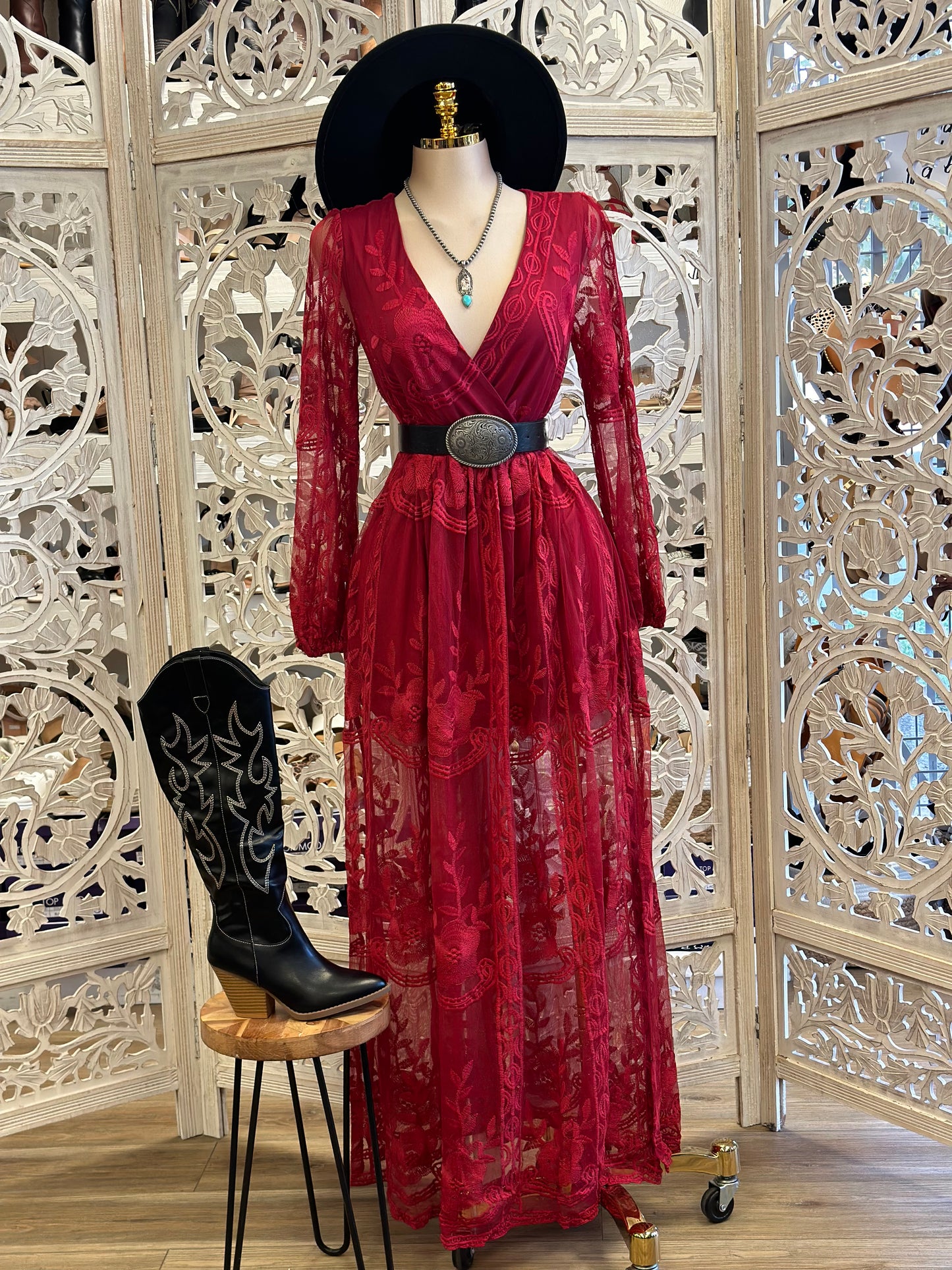 Sheer Embroidered Burgundy Maxi Dress - Estira, Stretchy