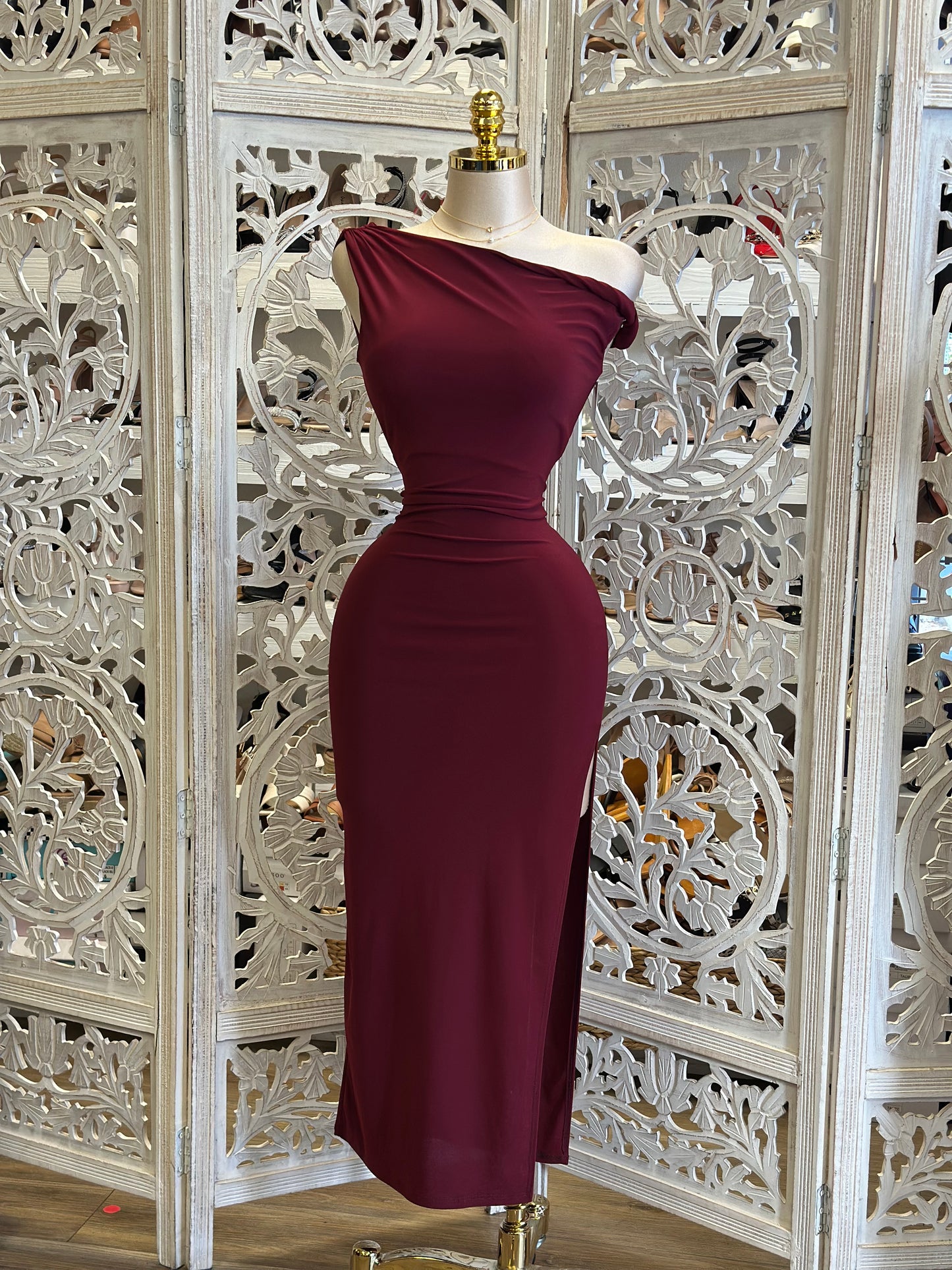 Burgundy Asymmetrical Knotted Dress -  Estira, Stretchy