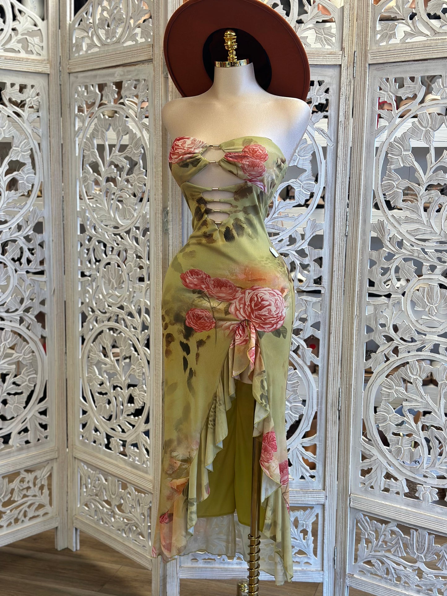 Strapless Green Cutout Ruffle Dress - Estira, Stretchy