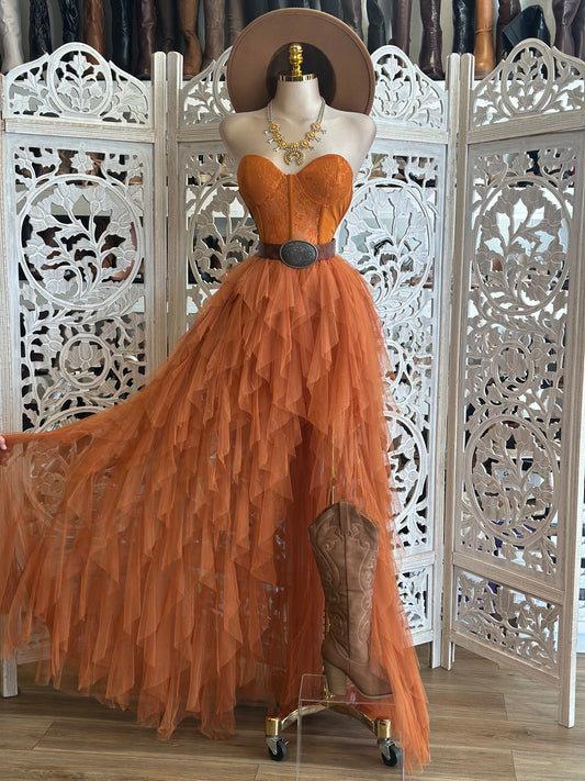 Coral Corset Ruffle Maxi Dress- Stretchy,Estira