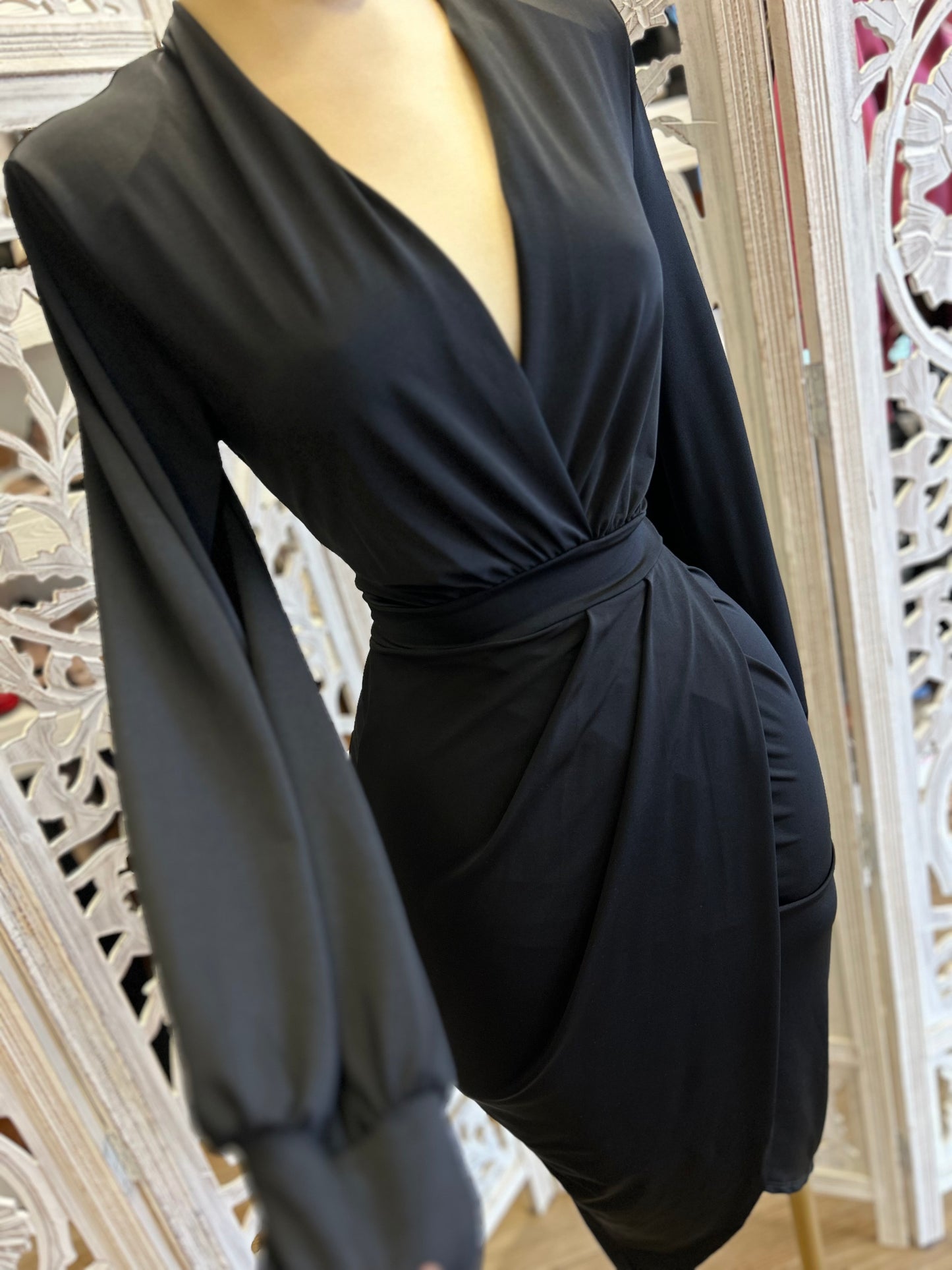 Black Draped Midi Dress- Very Stretchy