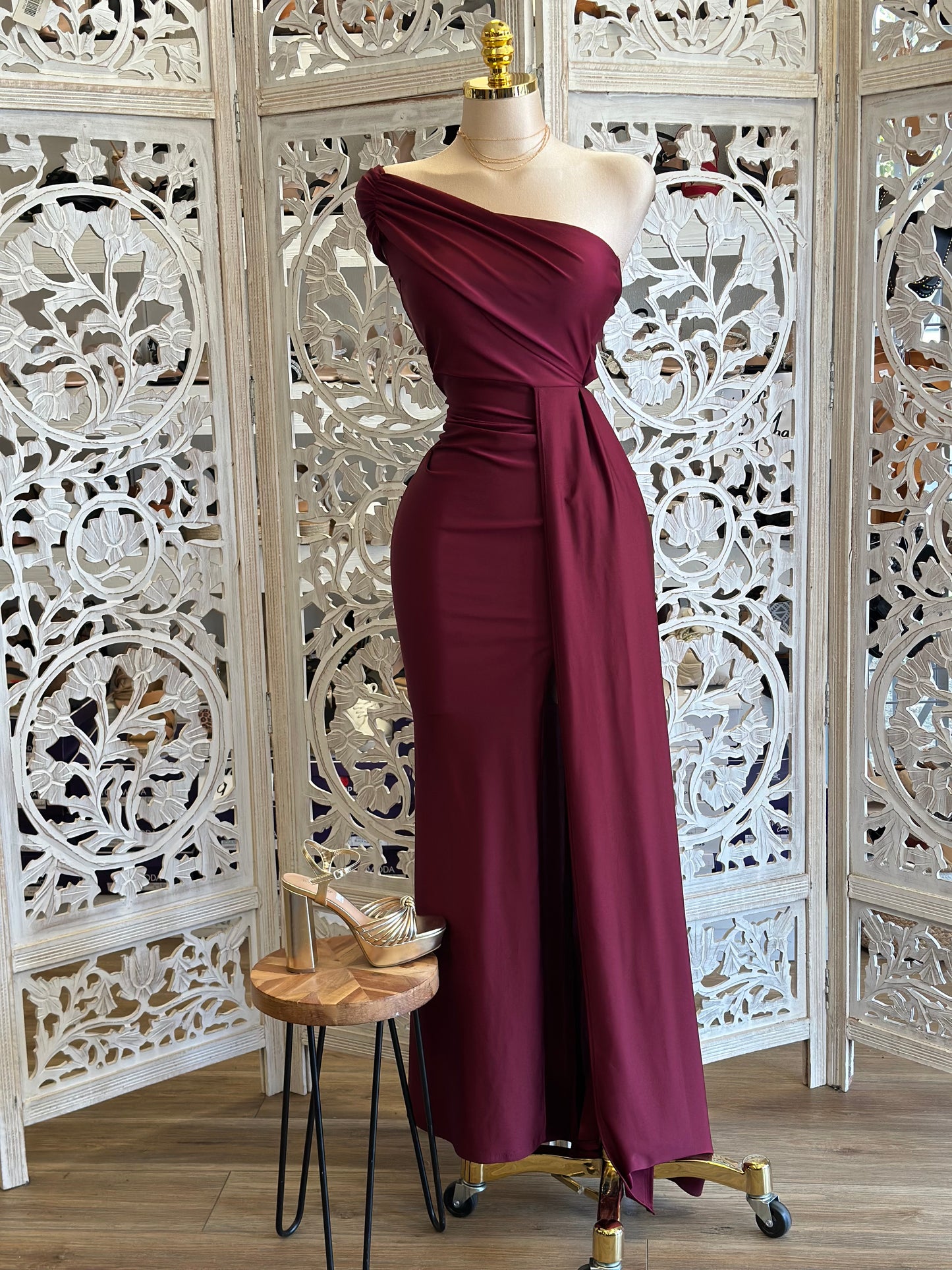 Wine Draped Formal Dress- Stretchy,Estira