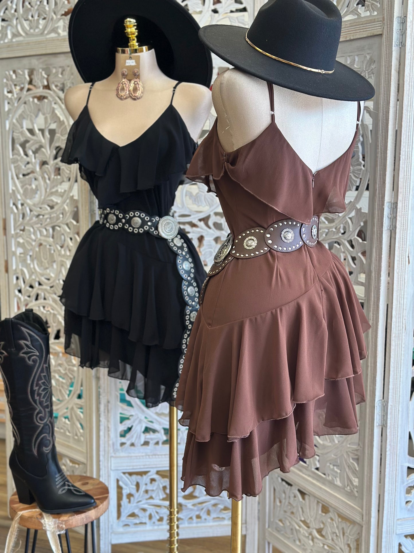 Asymmetrical Ruffle Cami Mini Dress- Not Stretchy ,No Estira