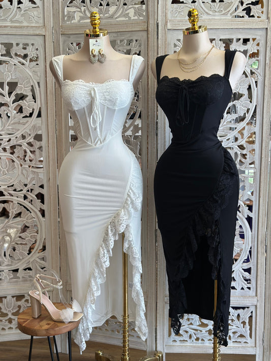 Lace Mesh Corset Midi Dress-Estira, Stretchy