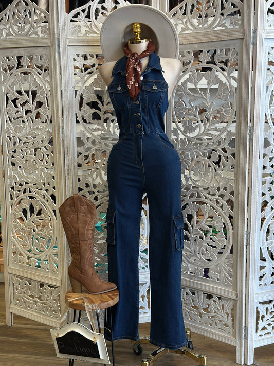 Denim Collard Sleeveless Jumpsuit - Stretchy,Estira